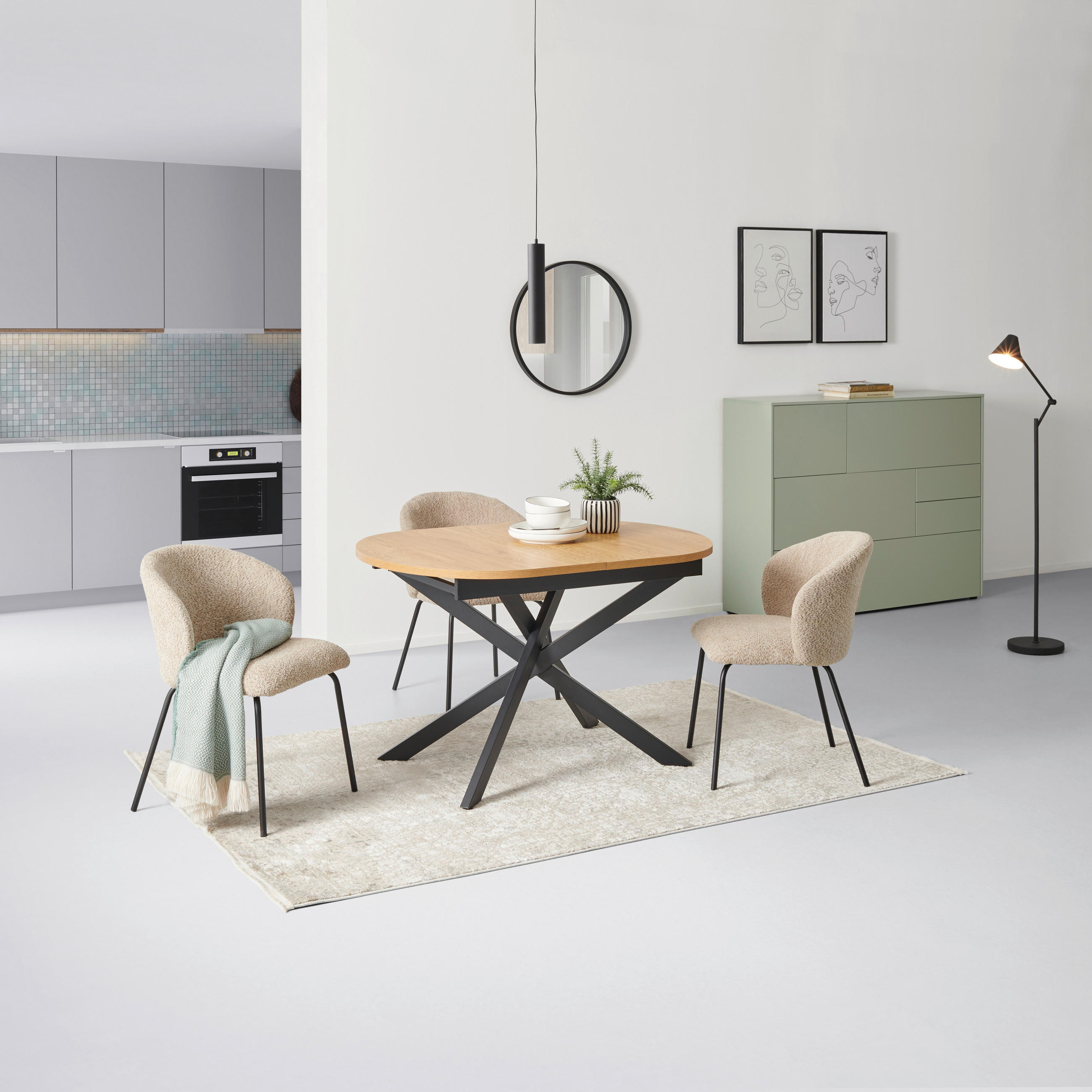 AUSZIEHTISCH in Metall, Holzwerkstoff  - Eichefarben/Schwarz, KONVENTIONELL, Holzwerkstoff/Metall (120-160/75/90cm) - MID.YOU