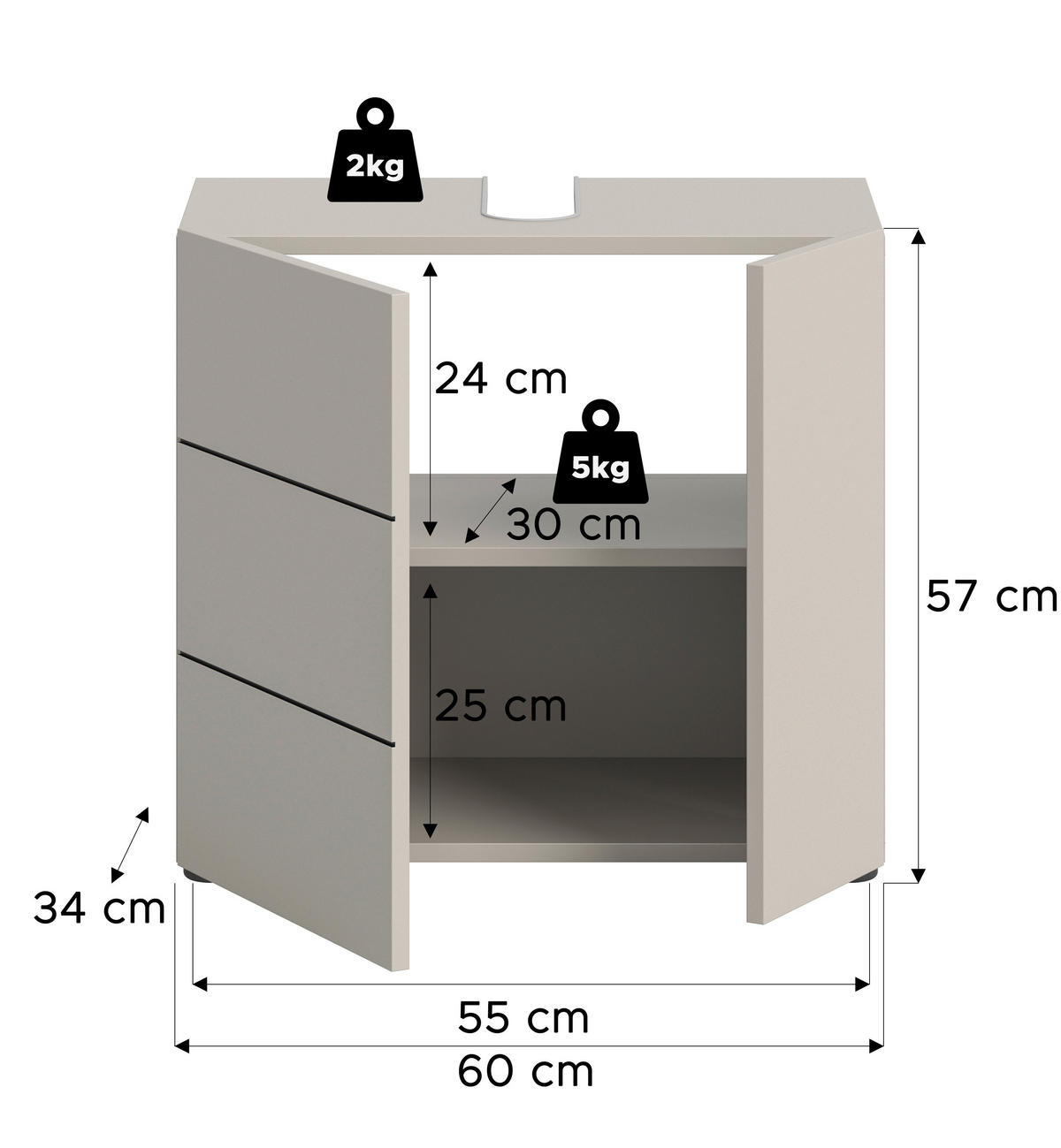 WASCHBECKENUNTERSCHRANK 60/57/34 cm  - Kaschmir/Schwarz, MODERN, Holzwerkstoff/Kunststoff (60/57/34cm) - MID.YOU
