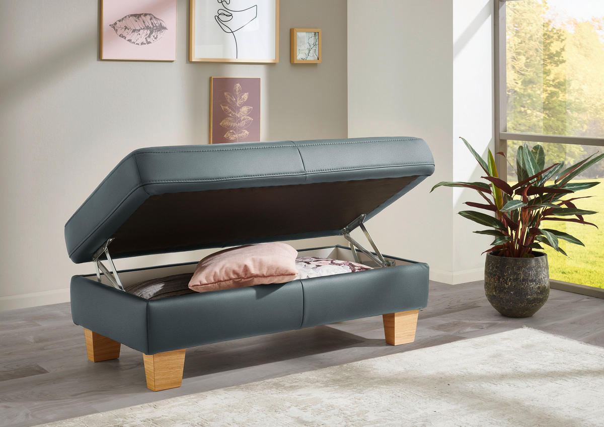 ECKSOFA in Echtleder Blaugrau  - Eiche Bianco/Blaugrau, Konventionell, Leder/Holz (257/235cm) - Valdera