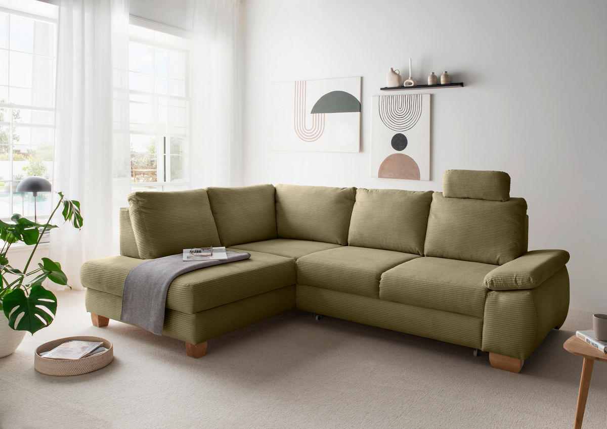 ECKSCHLAFSOFA  mit Liegefunktion, Rücken echt, Armteil rechts Cord Olivgrün  - Wildeiche/Olivgrün, MODERN, Holz/Textil (206/261cm) - Livetastic