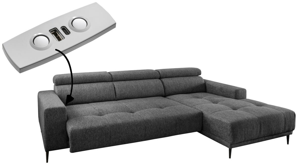 ECKSOFA Anthrazit Chenille  - Anthrazit/Schwarz, KONVENTIONELL, Textil/Metall (276/188cm) - Livetastic