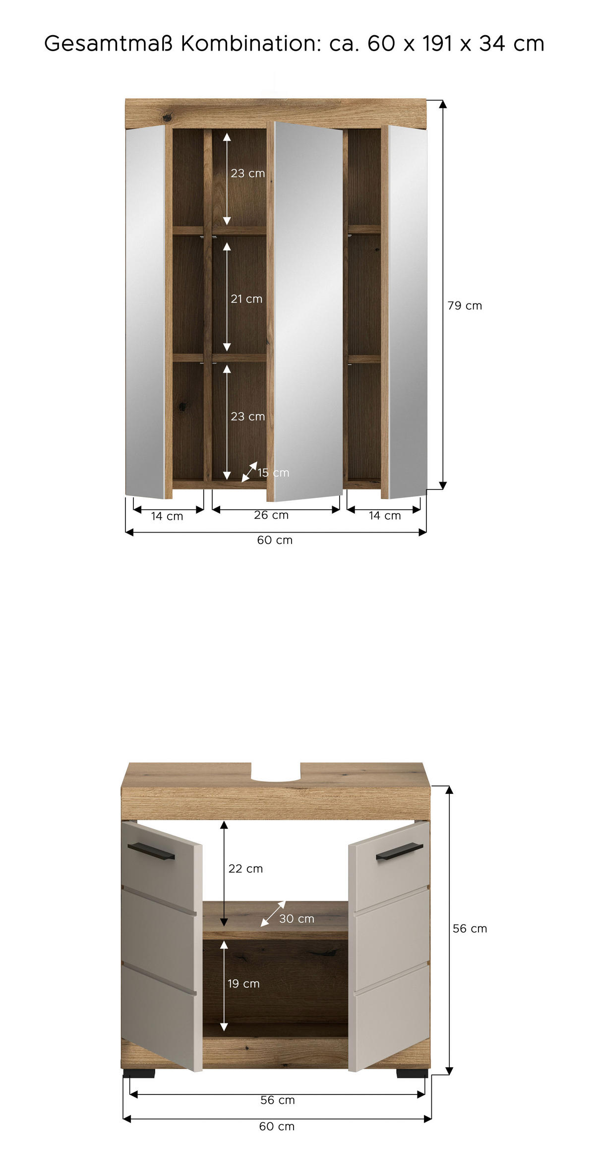 BADEZIMMER 2-teilig  in 60 cm  - Kaschmir/Schwarz, MODERN, Glas/Holzwerkstoff (60cm) - MID.YOU