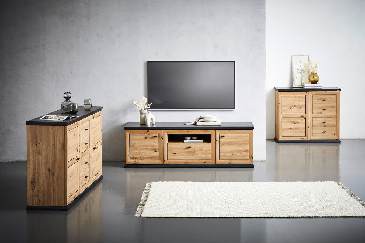 ŠIROKÁ KOMODA, farba duba, tmavosivá, 160/89,5/43 cm - farba duba/antracitová, Lifestyle, kov/kompozitné drevo (160/89,5/43cm) - Hom`in