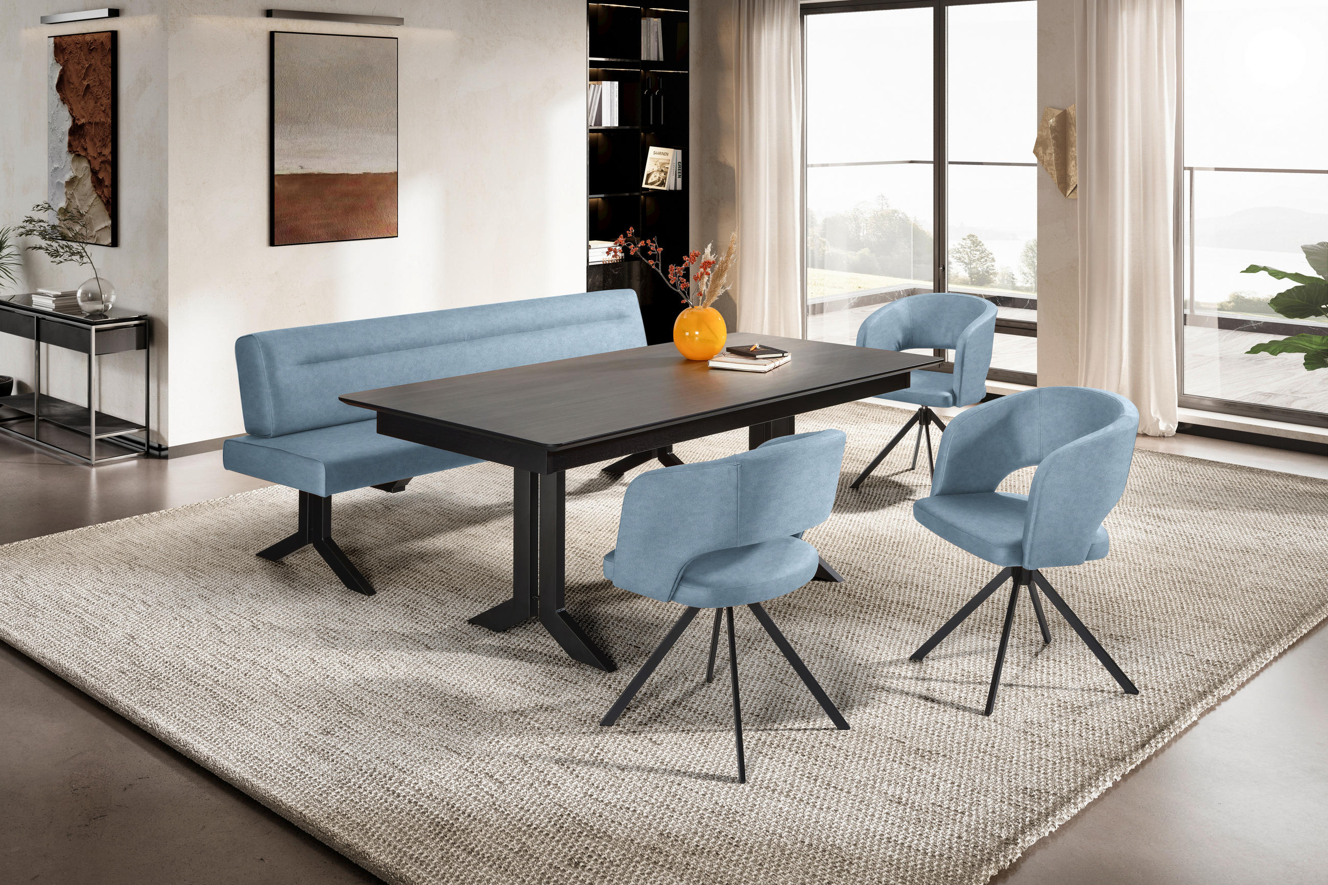 SITZBANK 220/87/70 cm Lederlook (vegan) Hellblau Metall  - Schwarz/Hellblau, KONVENTIONELL, Textil/Metall (220/87/70cm) - Moderano