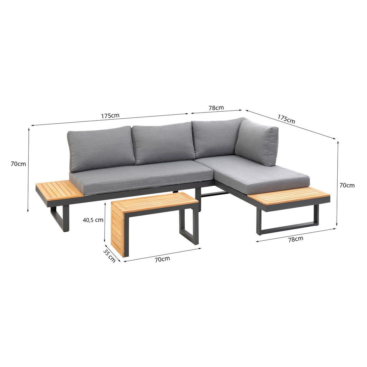 LOUNGEGARNITUR   253/70/175 cm Teakholz Aluminium  - Anthrazit/Grau, Basics, Holz/Textil (253/70/175cm) - Gardenson