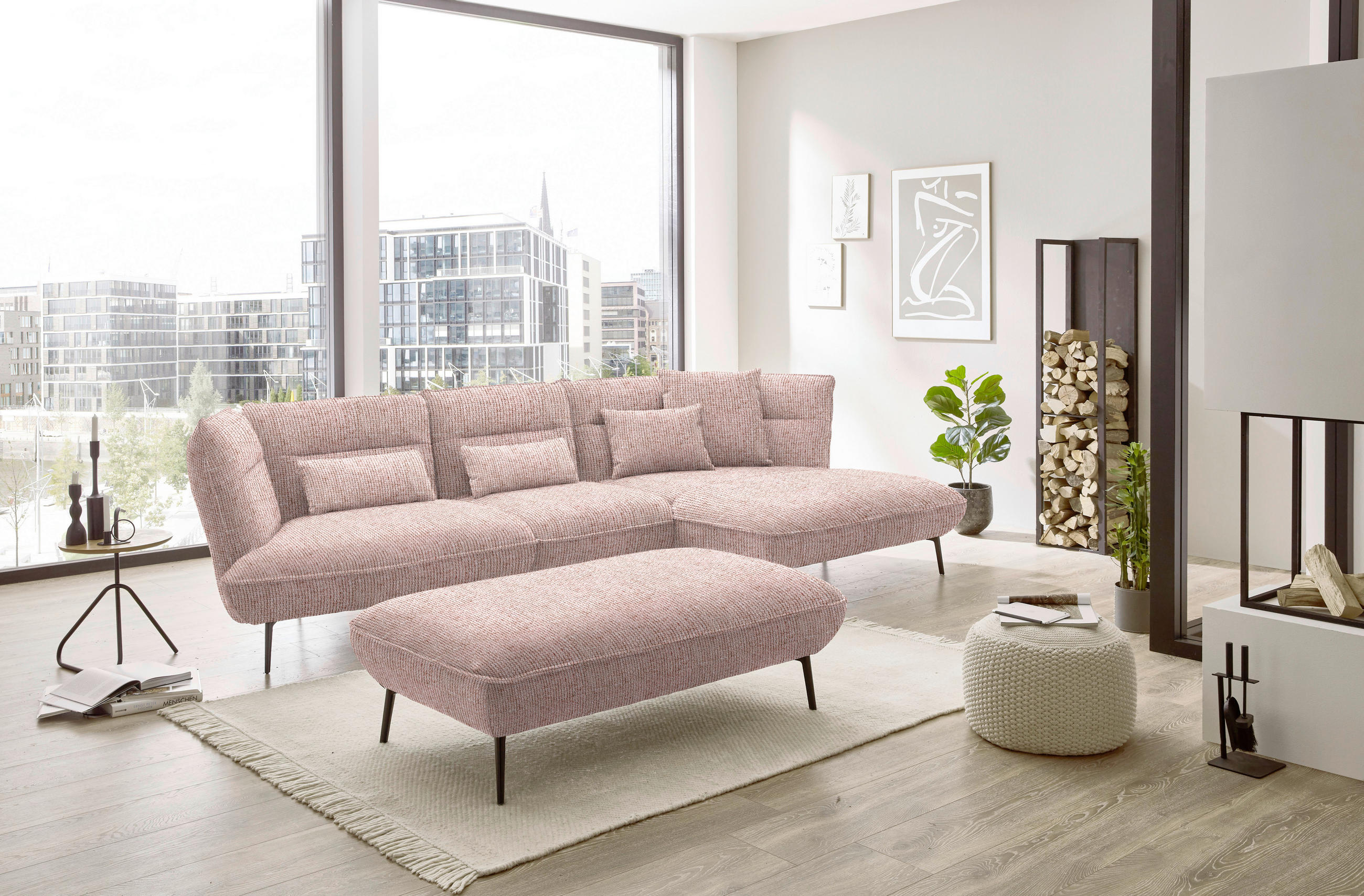 ECKSOFA in Flachgewebe Altrosa  339/153 cm  - Schwarz/Altrosa, Design, Textil/Metall (339/153cm) - Moderano