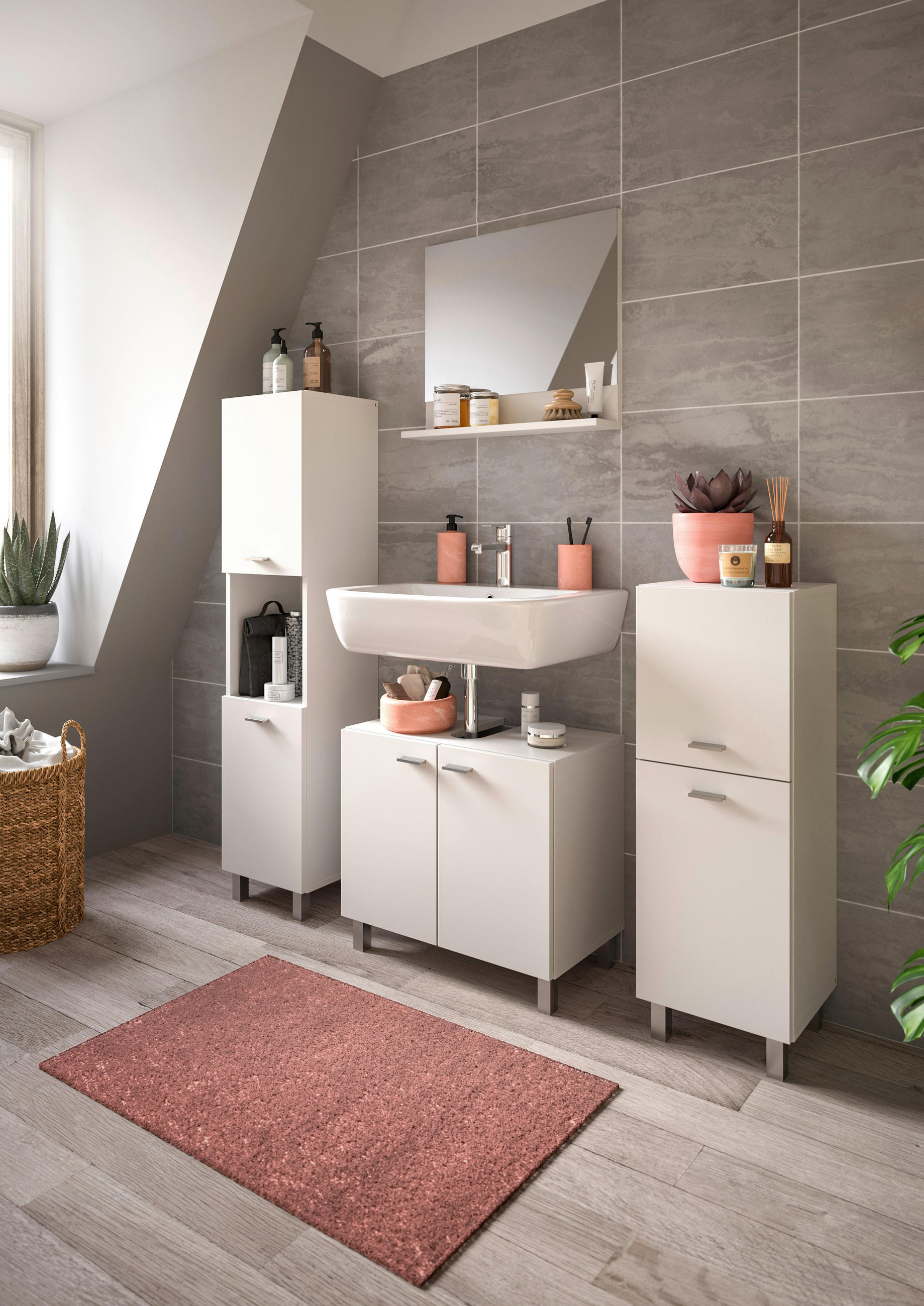 BADEZIMMER 4-teilig  in 117 cm  - Silberfarben/Weiß, MODERN, Glas/Holzwerkstoff (117cm) - MID.YOU
