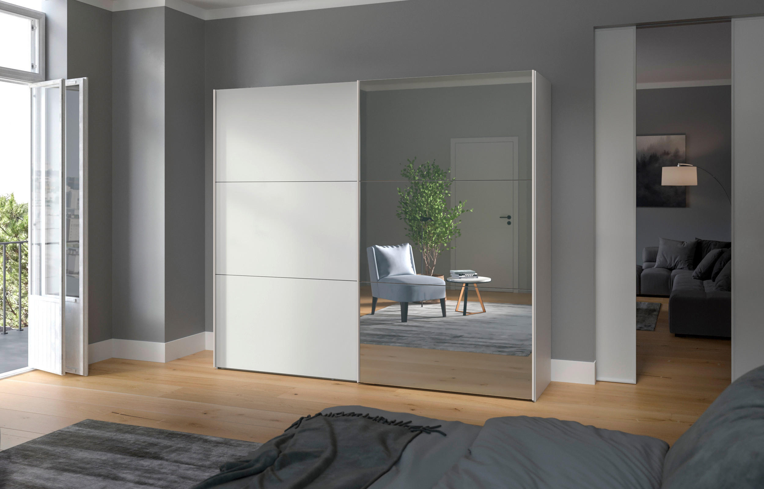 SCHWEBETÜRENSCHRANK 253/195/65 cm 2-türig Weiß  - Edelstahlfarben/Weiß, Design, Glas/Holzwerkstoff (253/195/65cm) - Boxxx