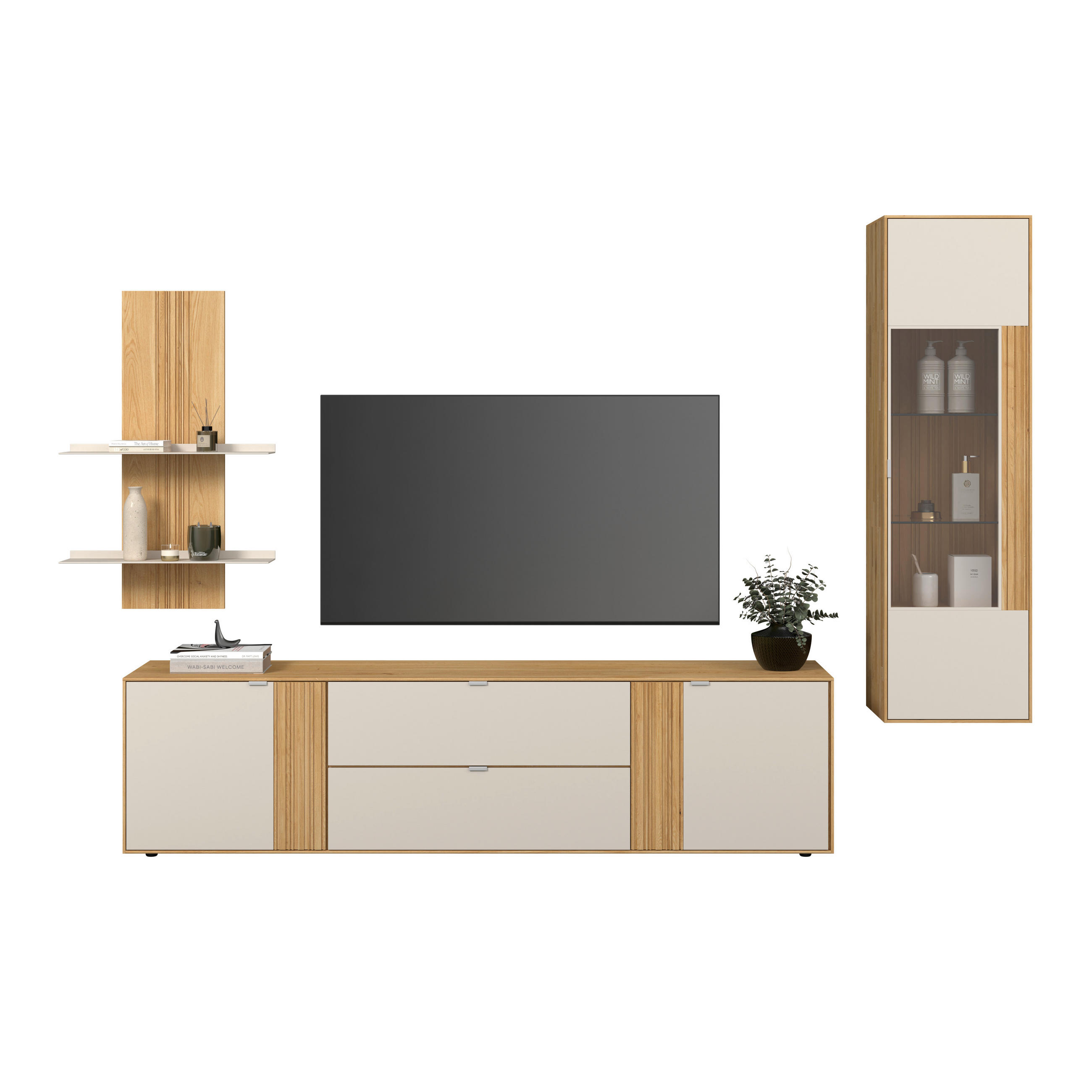 WOHNWAND  Kaschmir, Wildeiche 306,3/203,5/45,2 cm    - Kaschmir/Wildeiche, Design, Glas/Holz (306,3/203,5/45,2cm) - Dieter Knoll