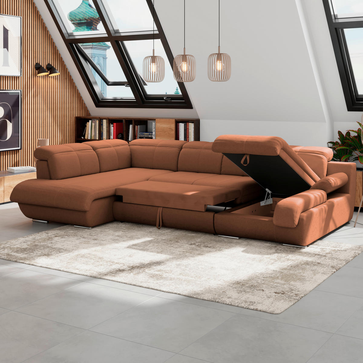 WOHNLANDSCHAFT Cognac Mikrofaser  - Chromfarben/Cognac, MODERN, Textil/Metall (228/345/184cm) - MID.YOU