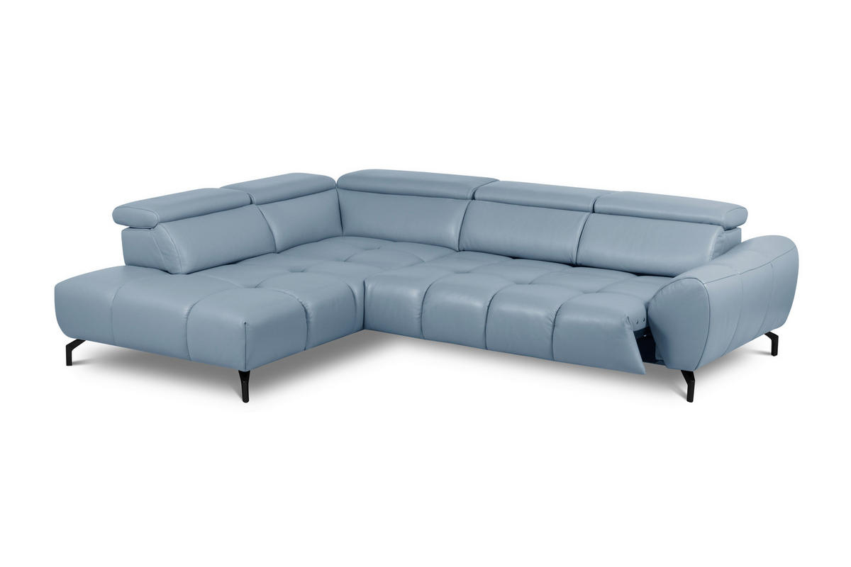 ECKSOFA AERO Graublau Echtleder Rücken echt, Kopfteilverstellung  - Graublau/Schwarz, MODERN, Leder/Metall (294/224cm) - Celina Home