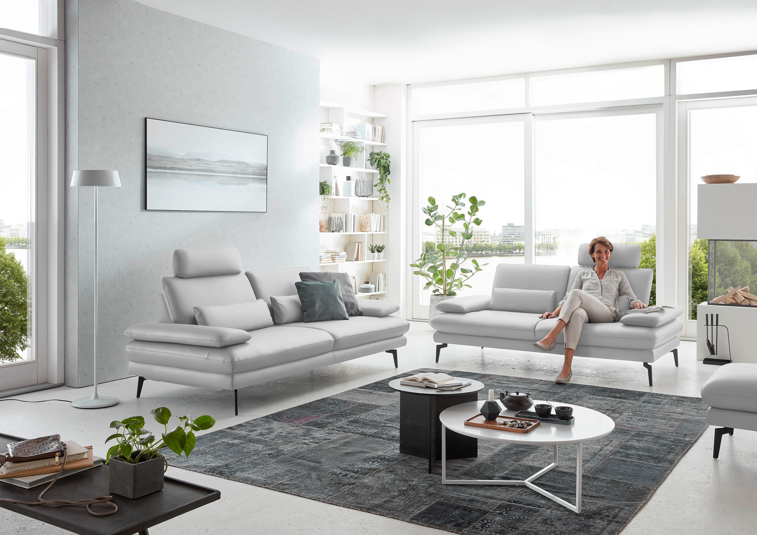 3-SITZER-SOFA in Echtleder Weiss  - Weiss/Schwarz, Design, Leder/Metall (222/86/104cm) - Dieter Knoll