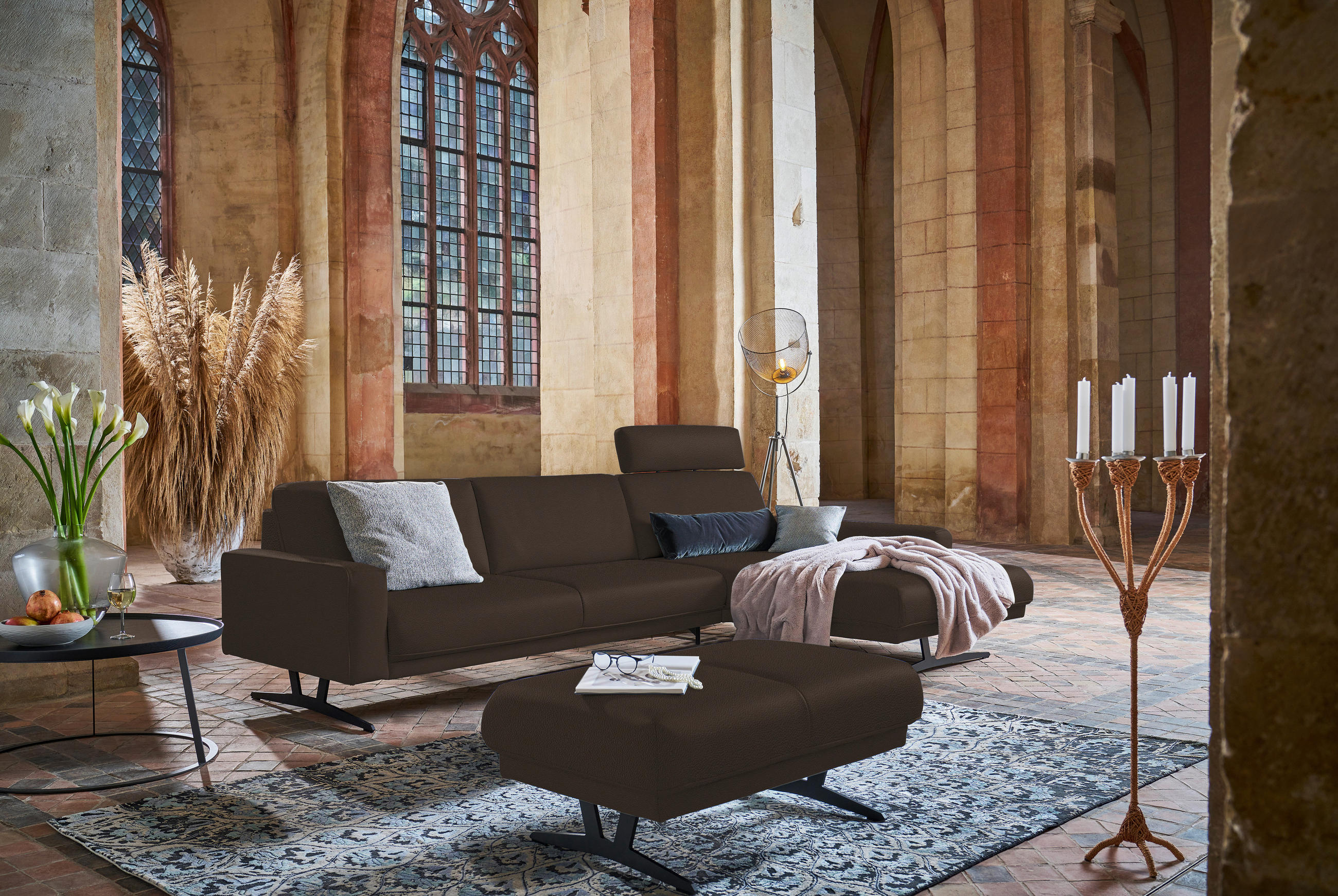 ECKSOFA in Echtleder Dunkelbraun  - Anthrazit/Dunkelbraun, Konventionell, Leder/Metall (324/179cm) - Johann Jakob