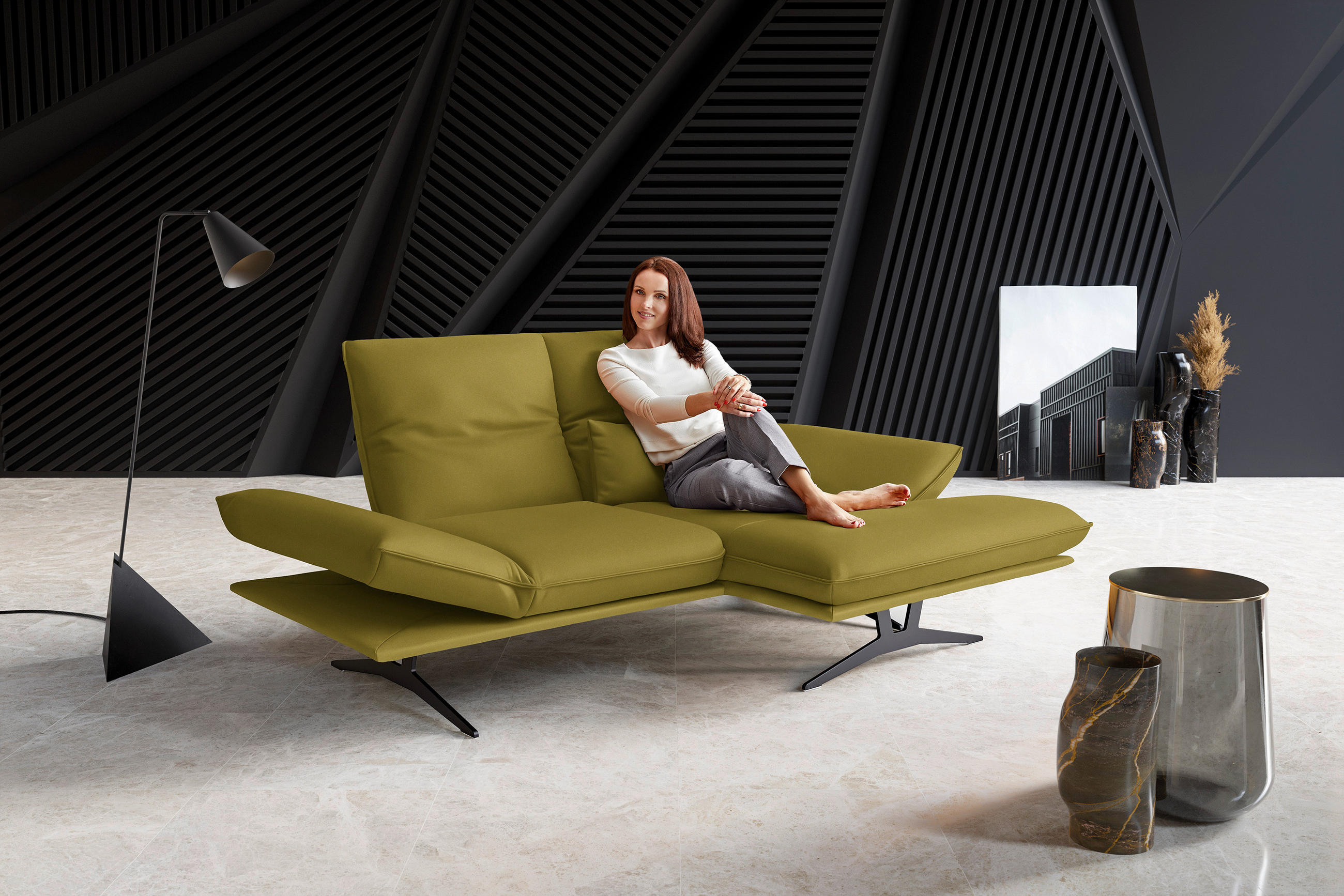 ECKSOFA in Echtleder Hellgrün  - Schwarz/Hellgrün, Design, Leder/Metall (210/130cm) - Dieter Knoll