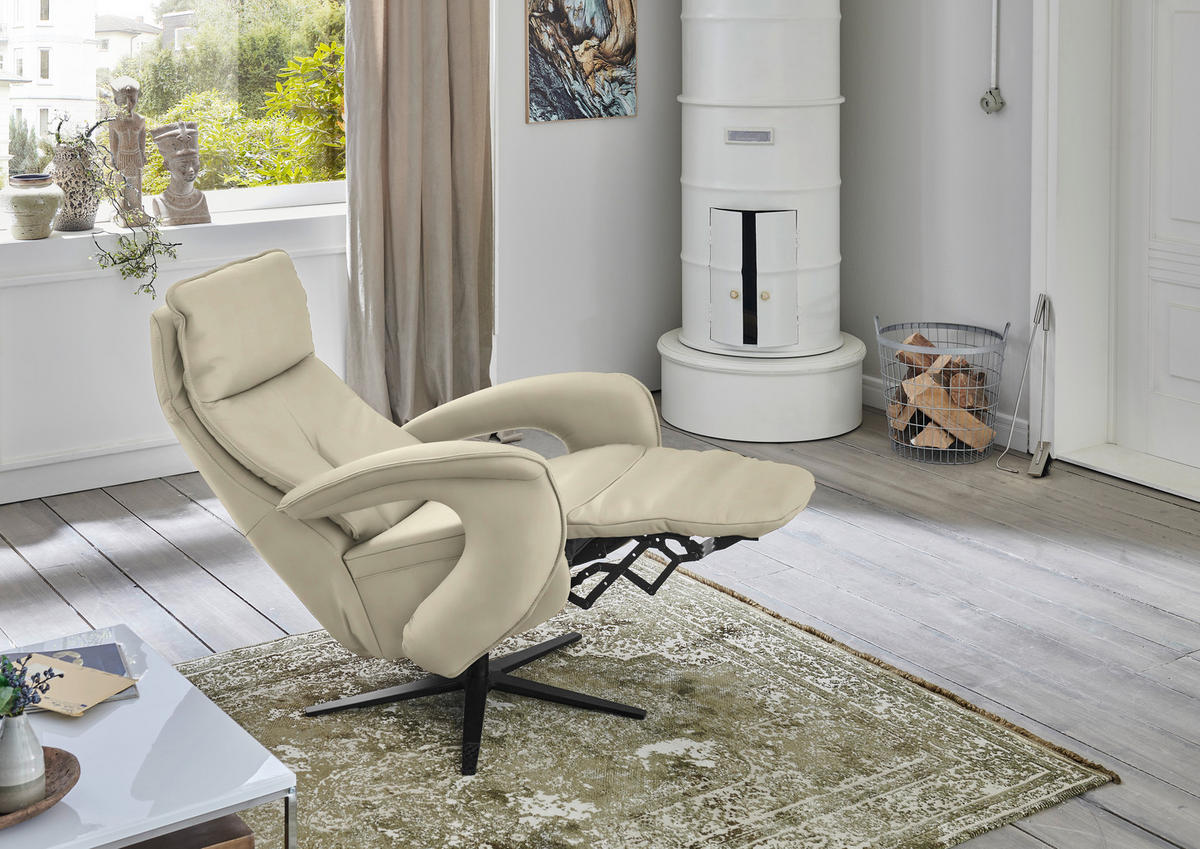 RELAXSESSEL in Leder Creme, Naturfarben  - Creme/Schwarz, Design, Leder/Metall (77/110/87cm) - Valdera