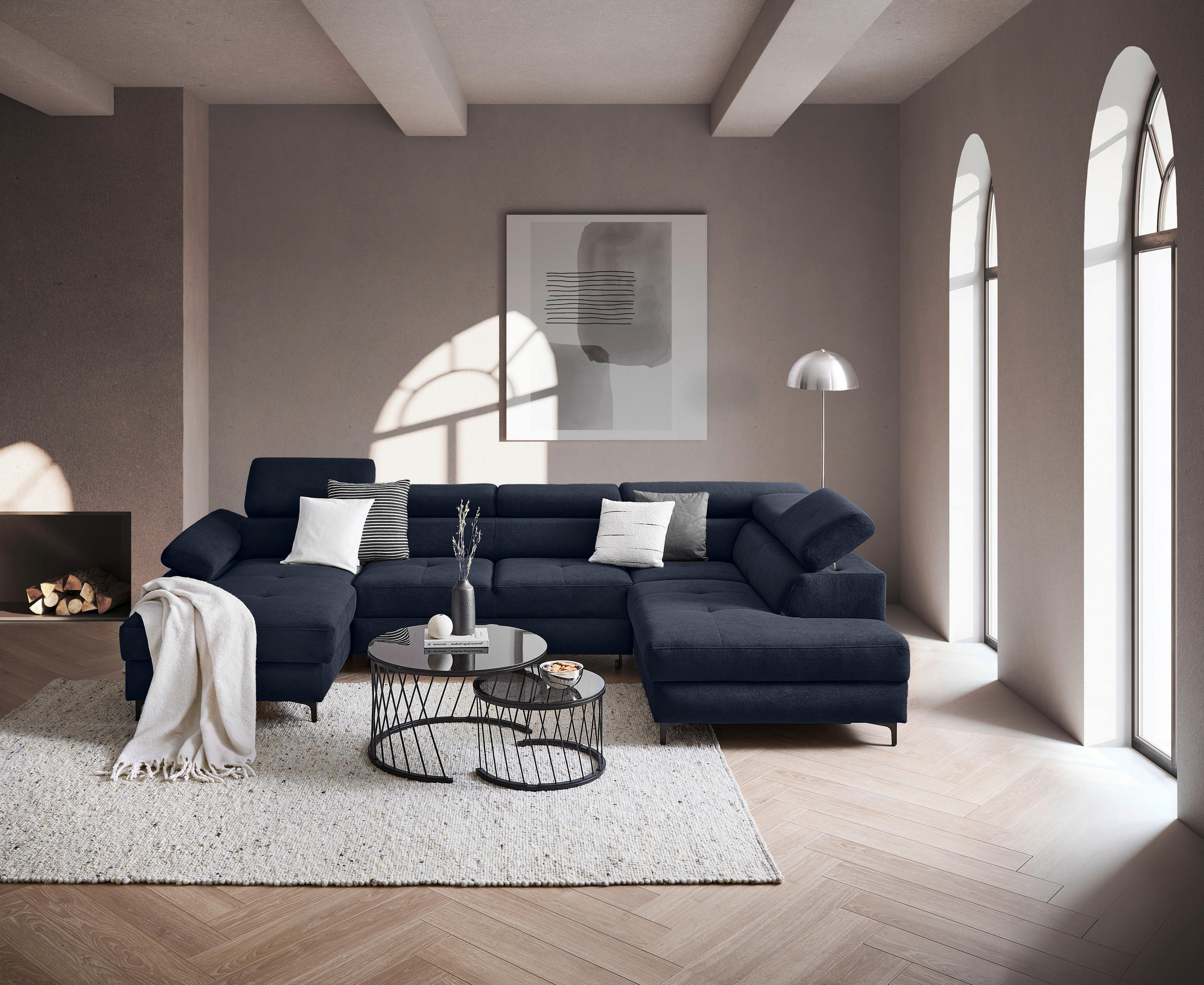 WOHNLANDSCHAFT inkl. Funktion Dunkelblau Flachgewebe  - Schwarz/Dunkelblau, MODERN, Textil/Metall (180/333/206cm) - Stylife