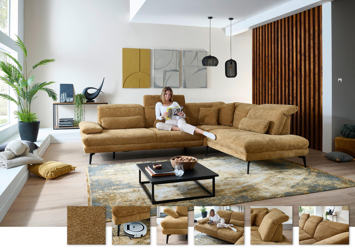 ECKSOFA Beldomo System Dunkelgelb Chenille Rücken echt, Kopfteilverstellung  - Dunkelgelb/Schwarz, Design, Textil/Metall (311/235cm) - Beldomo System