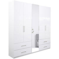 KLEIDERSCHRANK 224/211/55 cm,  in Weiß, Weiß Hochglanz, 5 Tür(en)  - Weiß Hochglanz/Alufarben, KONVENTIONELL, Glas/Holzwerkstoff (224/211/55cm) - Boxxx