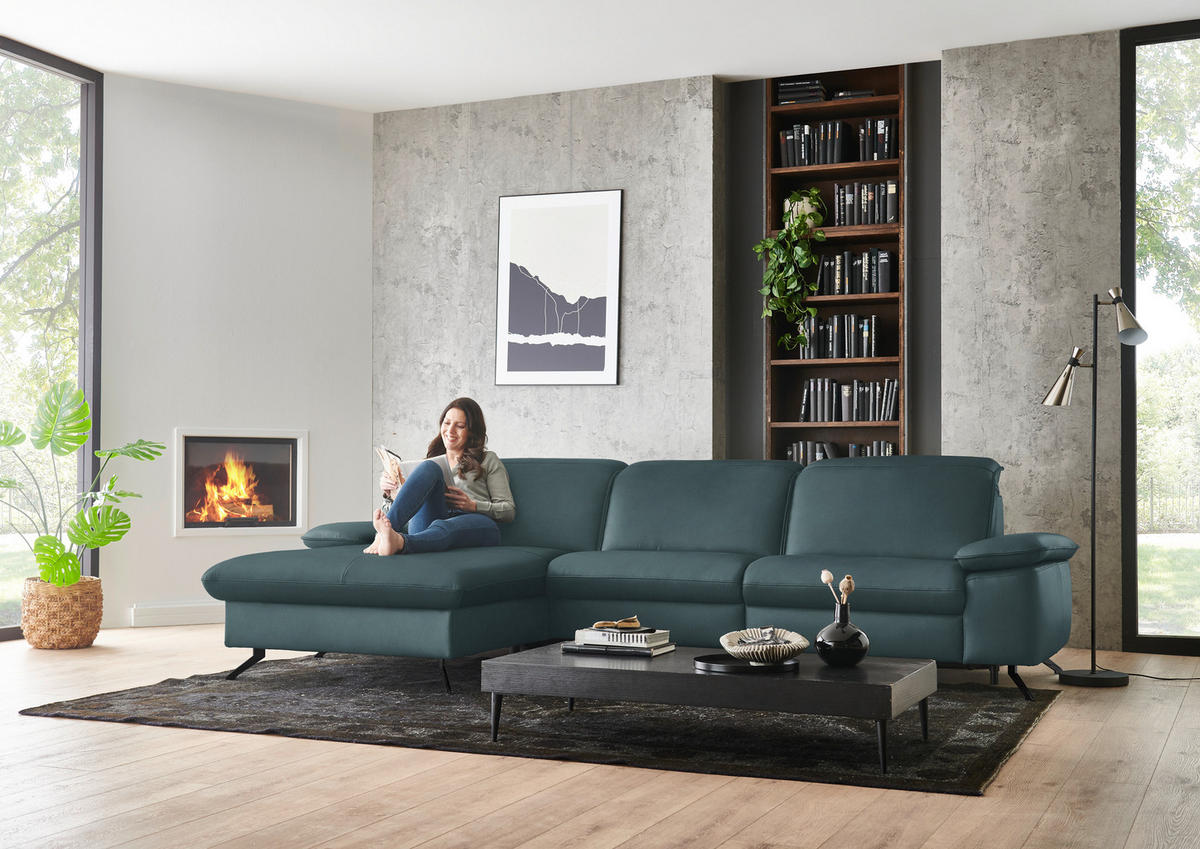 ECKSOFA  Echtleder Graublau  - Graublau/Schwarz, Design, Leder/Metall (169/307cm) - Beldomo Premium