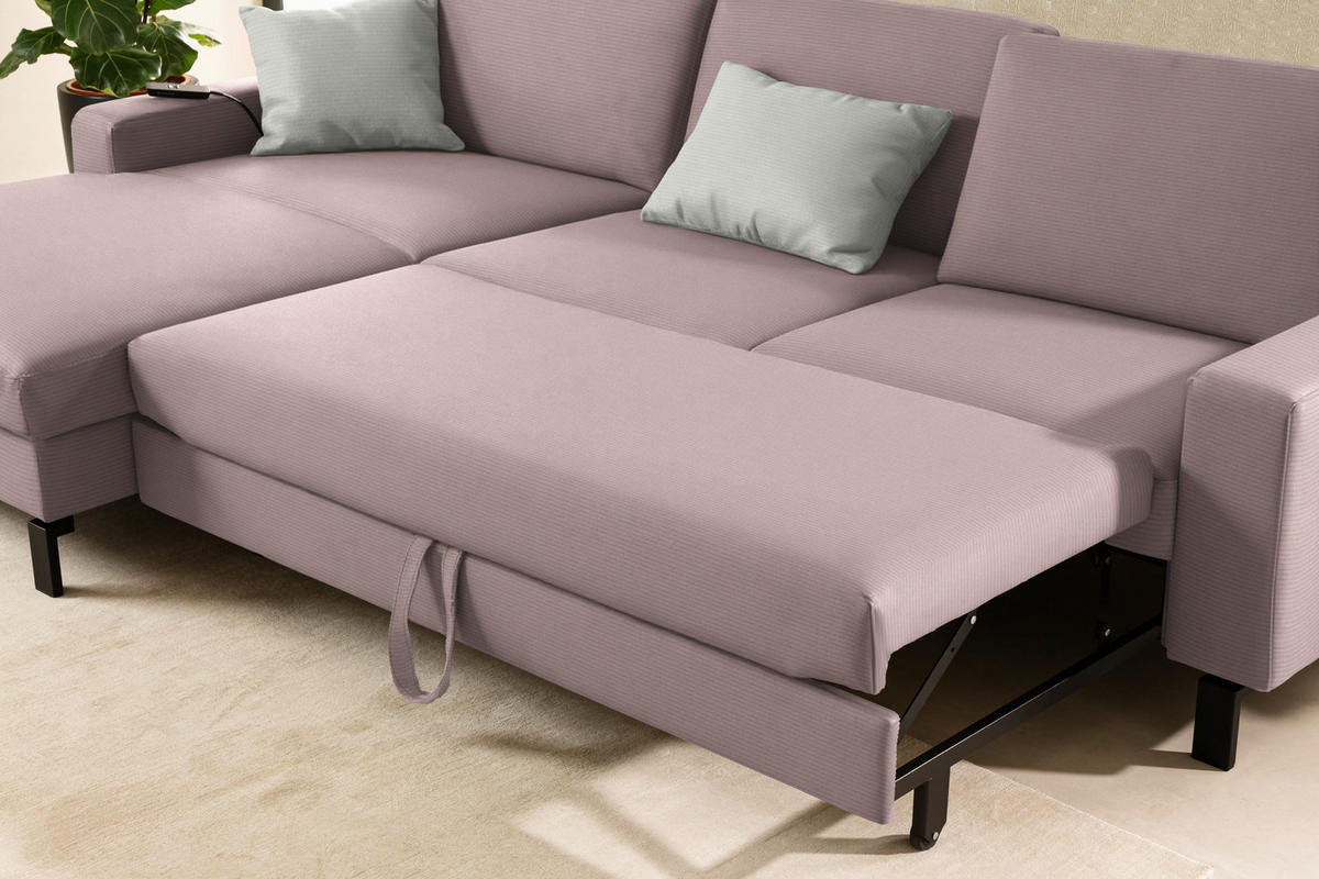 ECKSOFA  in Cord Rosa Rücken echt, Sitztiefenverstellung  185/298 cm  - Schwarz/Rosa, Design, Textil/Metall (185/298cm) - Pure Home Lifestyle