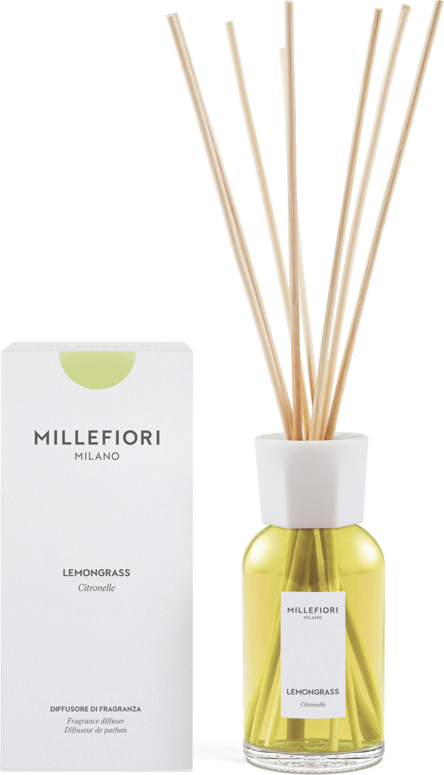 DIFFÚZOR  bergamott, lime, verbéna  - sárga, Basics, üveg (8,8/18,7/8,8cm) - Millefiori Milano