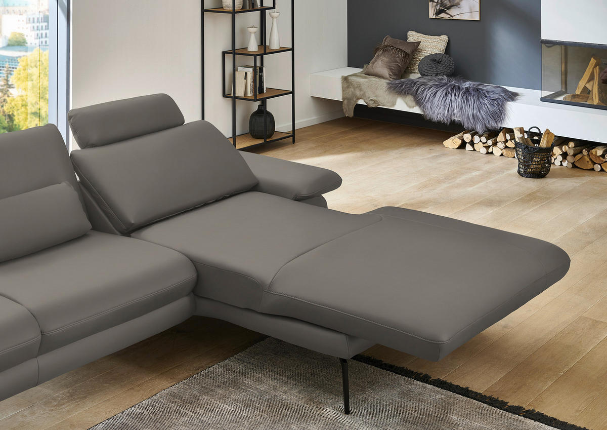 ECKSOFA in Echtleder Hellgrau  - Hellgrau/Schwarz, Design, Leder/Metall (310/180cm) - Dieter Knoll