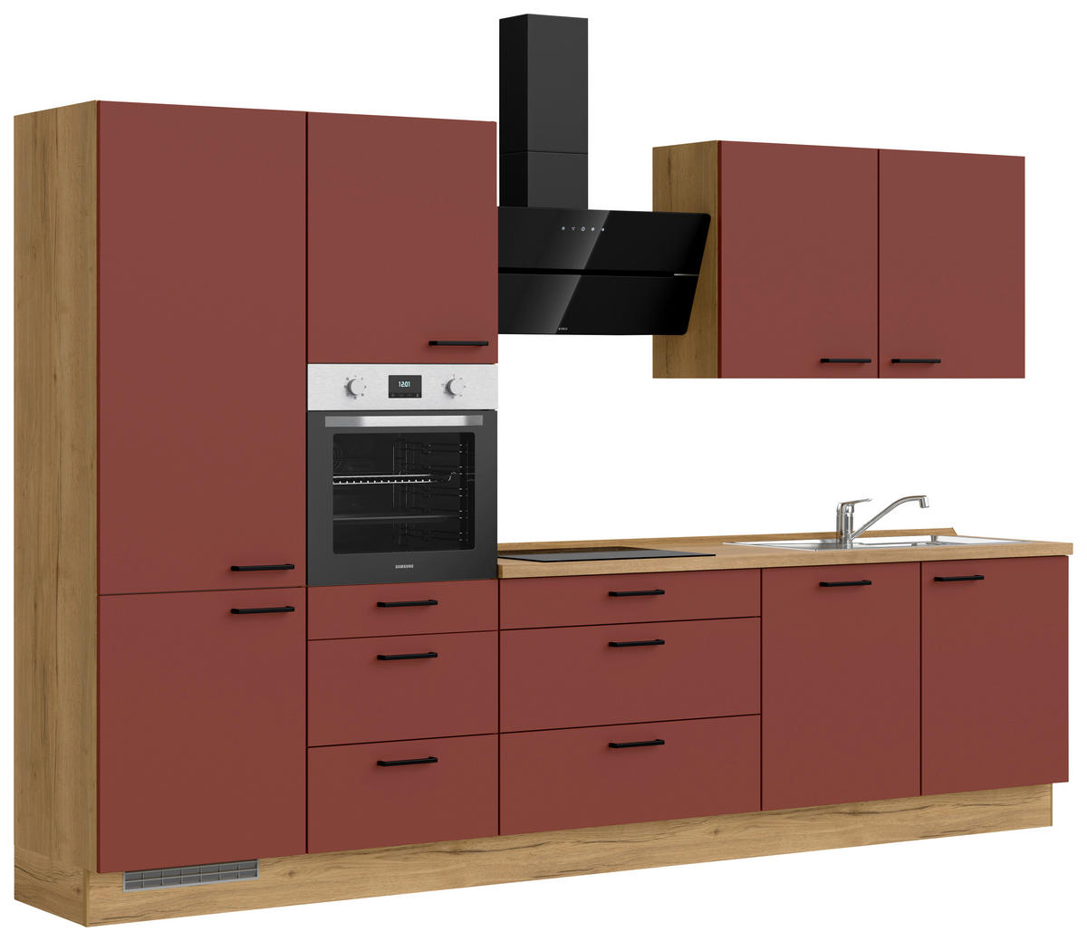 KÜCHENBLOCK Easytouch 330 cm  in Eichefarben, Dunkelrot  - Eichefarben/Schwarz, MODERN, Holzwerkstoff/Metall (330cm) - Nobilia