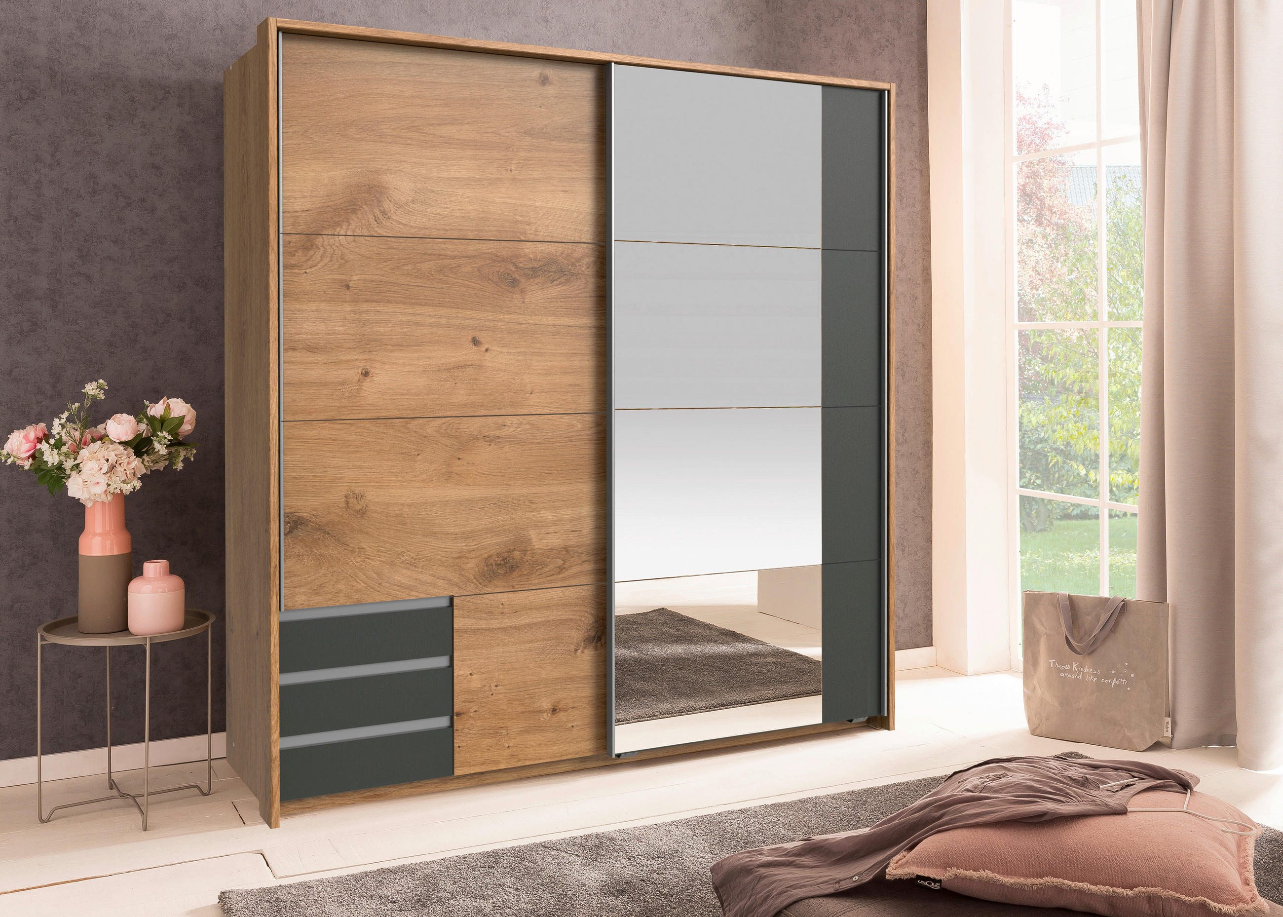 SCHWEBETÜRENSCHRANK 179/198/64 cm 2-türig Graphitfarben, Plankeneiche  - Plankeneiche/Eichefarben, Design, Glas/Holzwerkstoff (179/198/64cm) - Boxxx