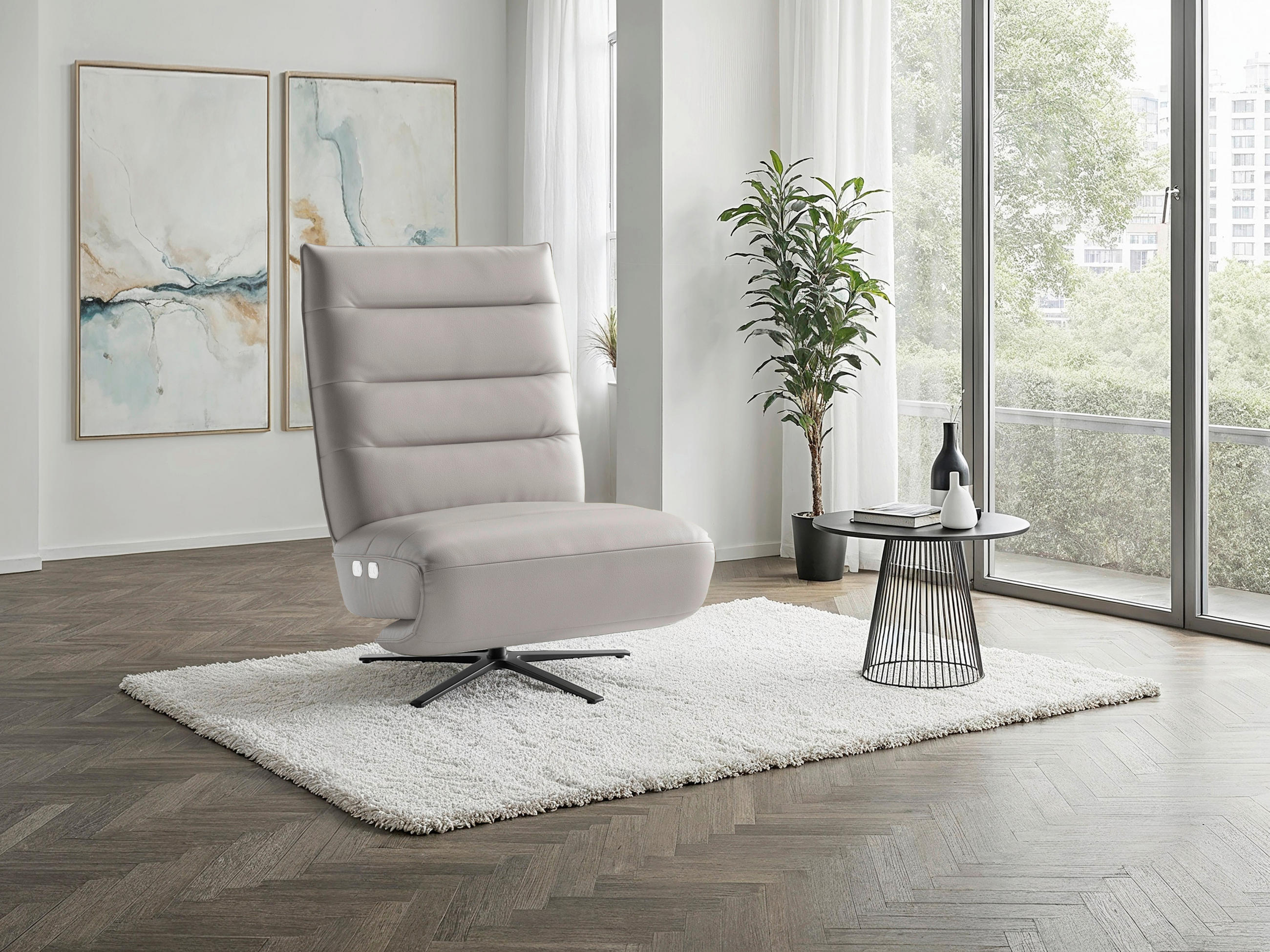 RELAXSESSEL EVE E Echtleder Kopfteilverstellung, Rücken echt    - Hellgrau/Schwarz, Basics, Leder/Metall (80/109/98cm) - Sit & More