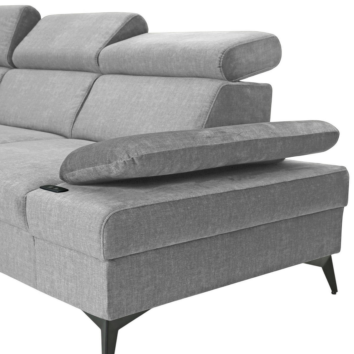 ECKSOFA Greige Flachgewebe Rücken echt, Kopfteilverstellung, Sitzvorzug  - Greige/Schwarz, MODERN, Textil/Metall (210/258cm) - Landscape