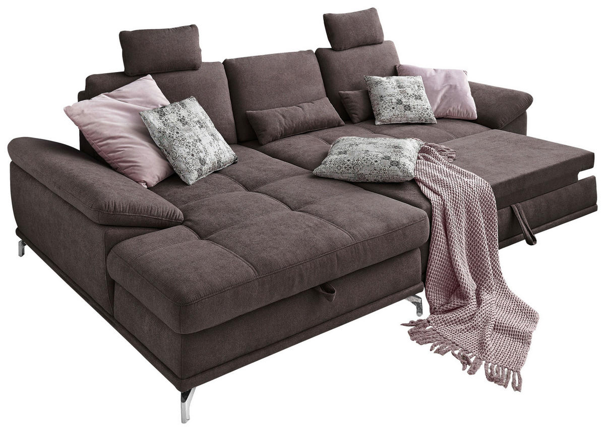 ECKSOFA Dunkelbraun Flachgewebe Bettkasten, Schlaffunktion, Sitztiefenverstellung, Kopfstütze, Liegefläche im Originalstoff  - Dunkelbraun/Silberfarben, KONVENTIONELL, Textil/Metall (176/301cm) - Sit & More