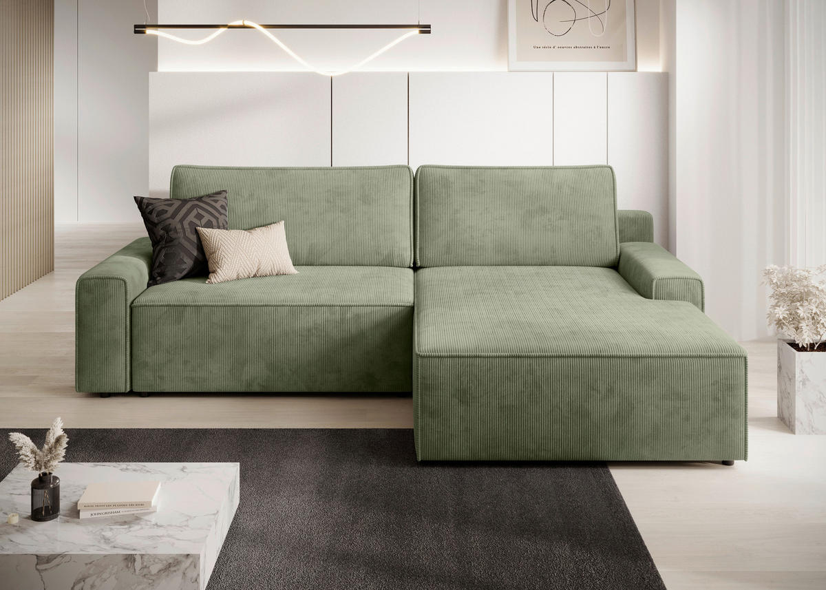 ECKSCHLAFSOFA Cord Grün  - Schwarz/Grün, Modern, Kunststoff/Textil (246/168cm) - Trendmanufaktur