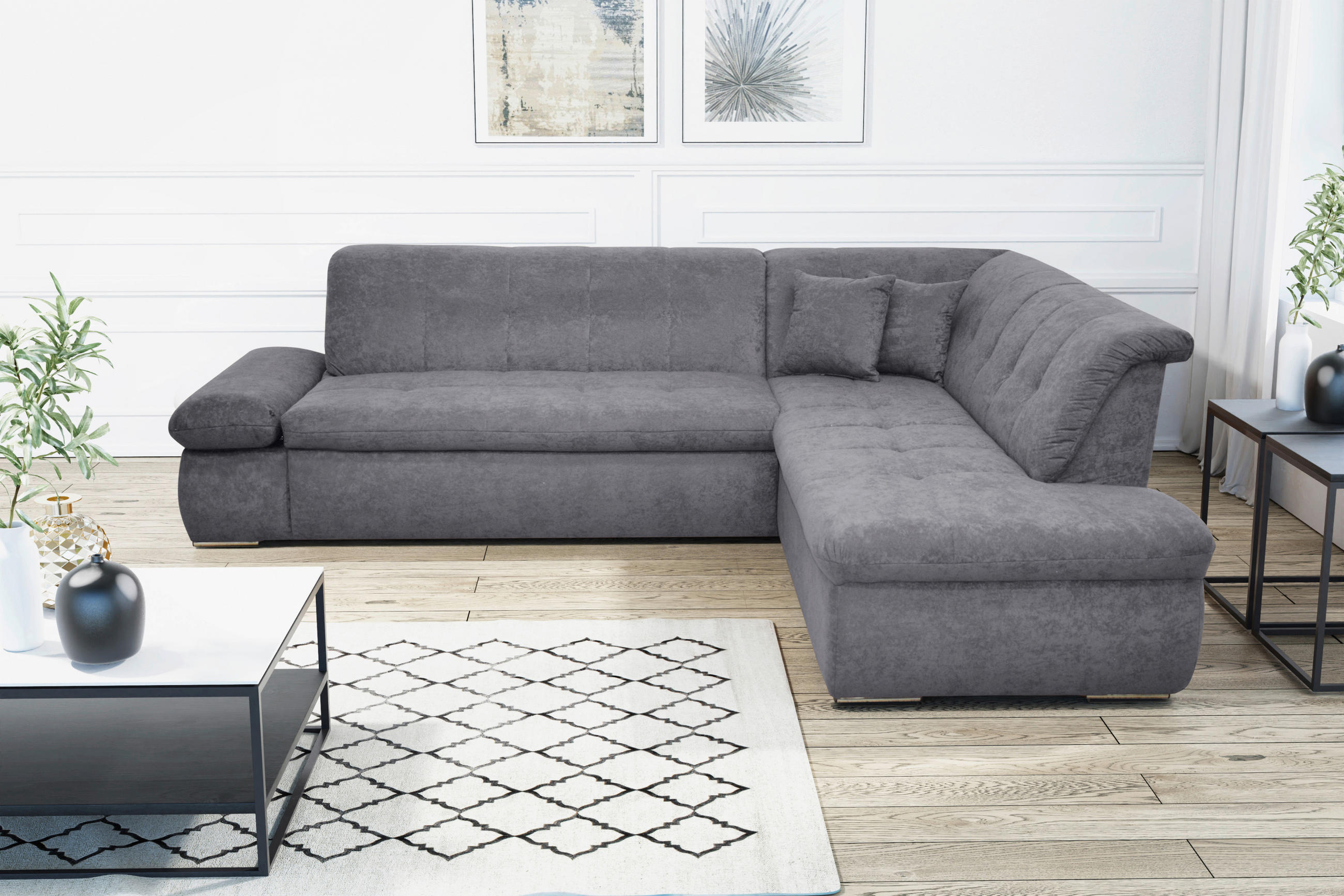 ECKSOFA Dunkelgrau Mikrofaser - Chromfarben/Dunkelgrau, KONVENTIONELL, Textil/Metall (273/216cm) - MID.YOU