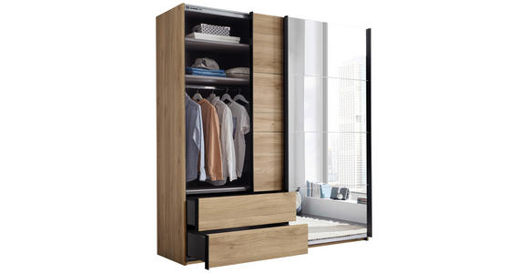 SCHWEBETÜRENSCHRANK 215/225,5/60,5 cm 2-türig Eichefarben  - Eichefarben/Schwarz, MODERN, Glas/Holzwerkstoff (215/225,5/60,5cm) - Xora
