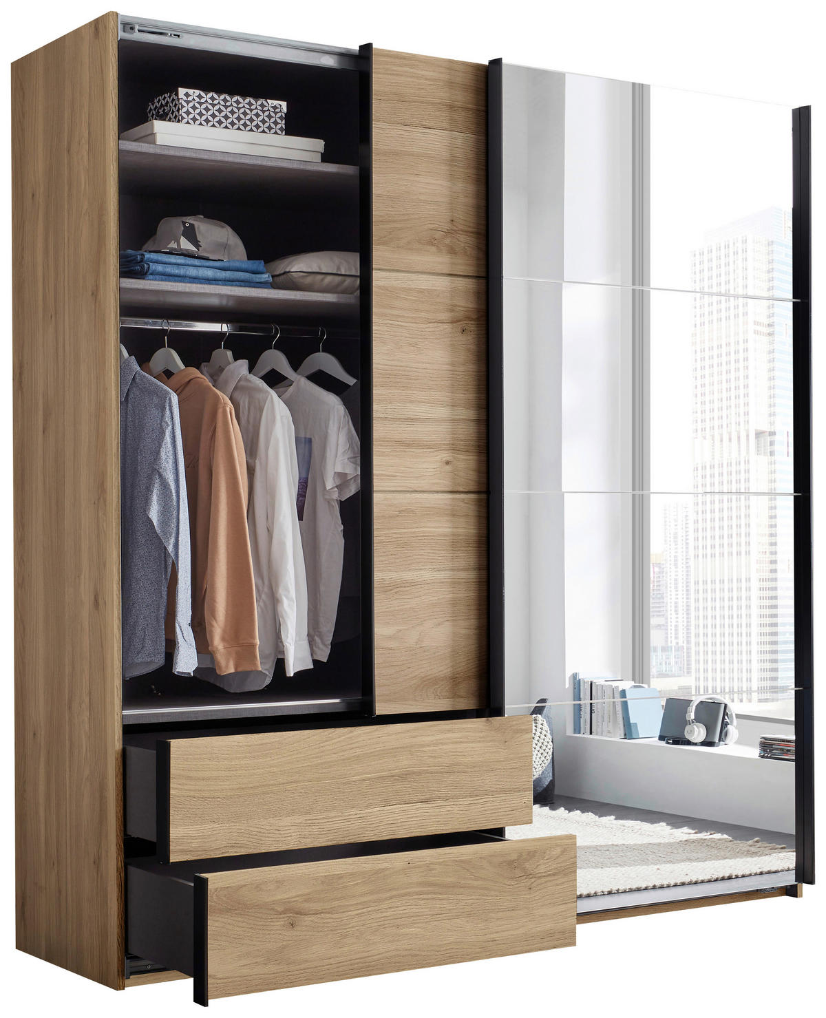 SCHWEBETÜRENSCHRANK Eichefarben  - Eichefarben/Schwarz, Modern, Glas/Holzwerkstoff (215/225,5/60,5cm) - Xora