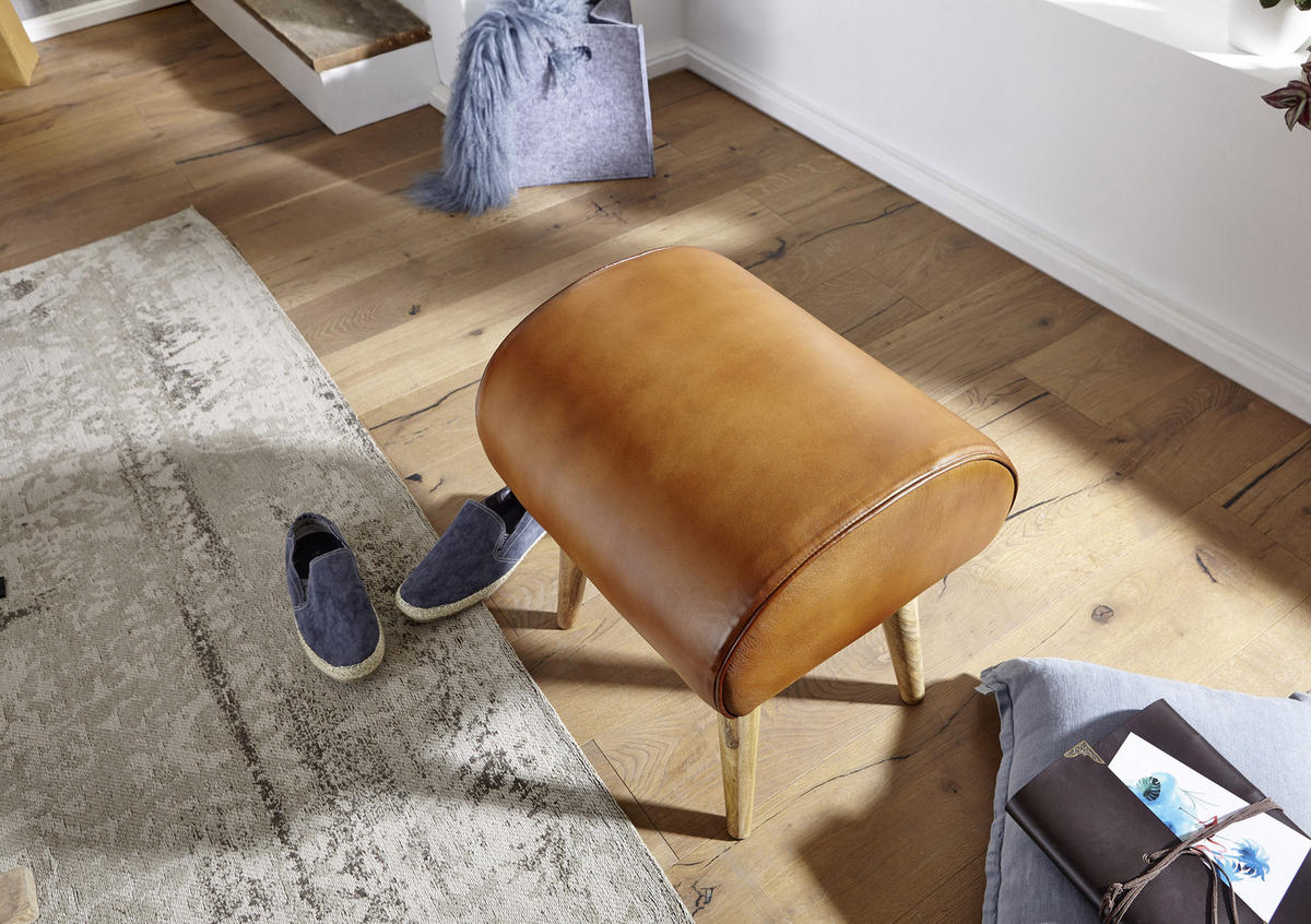 HOCKER Echtleder Braun  - Naturfarben/Braun, MODERN, Leder/Holz (45/53/40cm) - MID.YOU