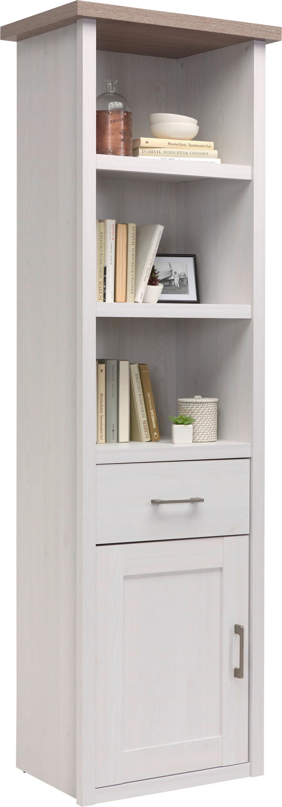 Etajeră, 60/201/43 cm, alb, culoare lemn stejar pufos,