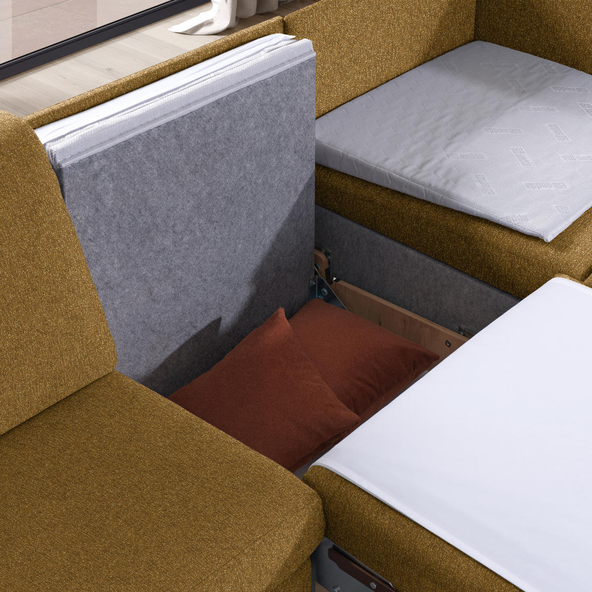 ECKSOFA  in Mikrovelours Senfgelb  261/203 cm  - Eichefarben/Senfgelb, KONVENTIONELL, Holz/Textil (261/203cm) - Sedda