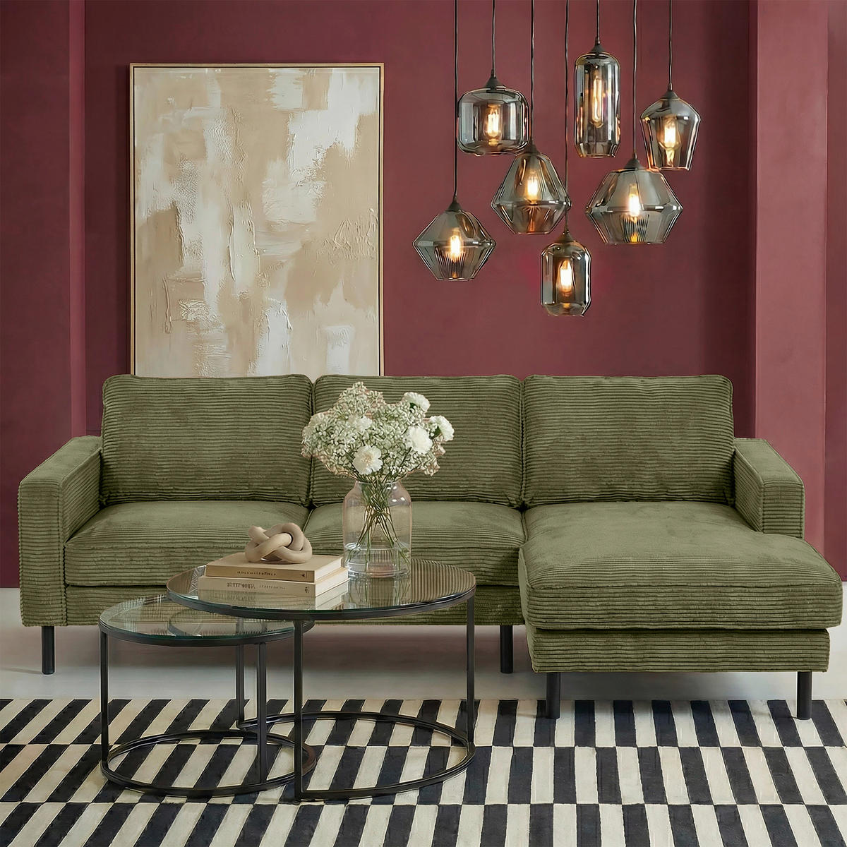 ECKSOFA Cord Olivgrün  - Schwarz/Olivgrün, Design, Textil/Metall (238/166cm) - Livetastic