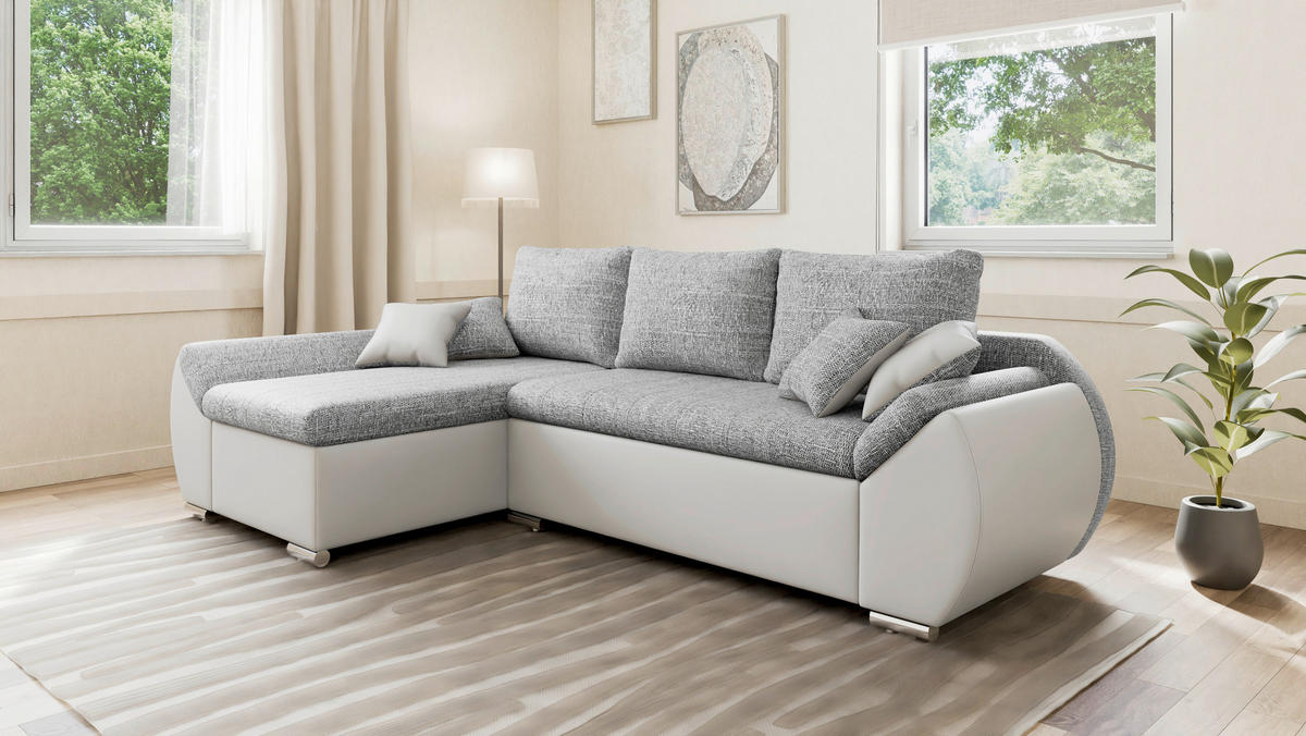 ECKSOFA  AURO Grau, Weiß  - Silberfarben/Weiß, Design, Kunststoff/Textil (275/155cm) - MID.YOU