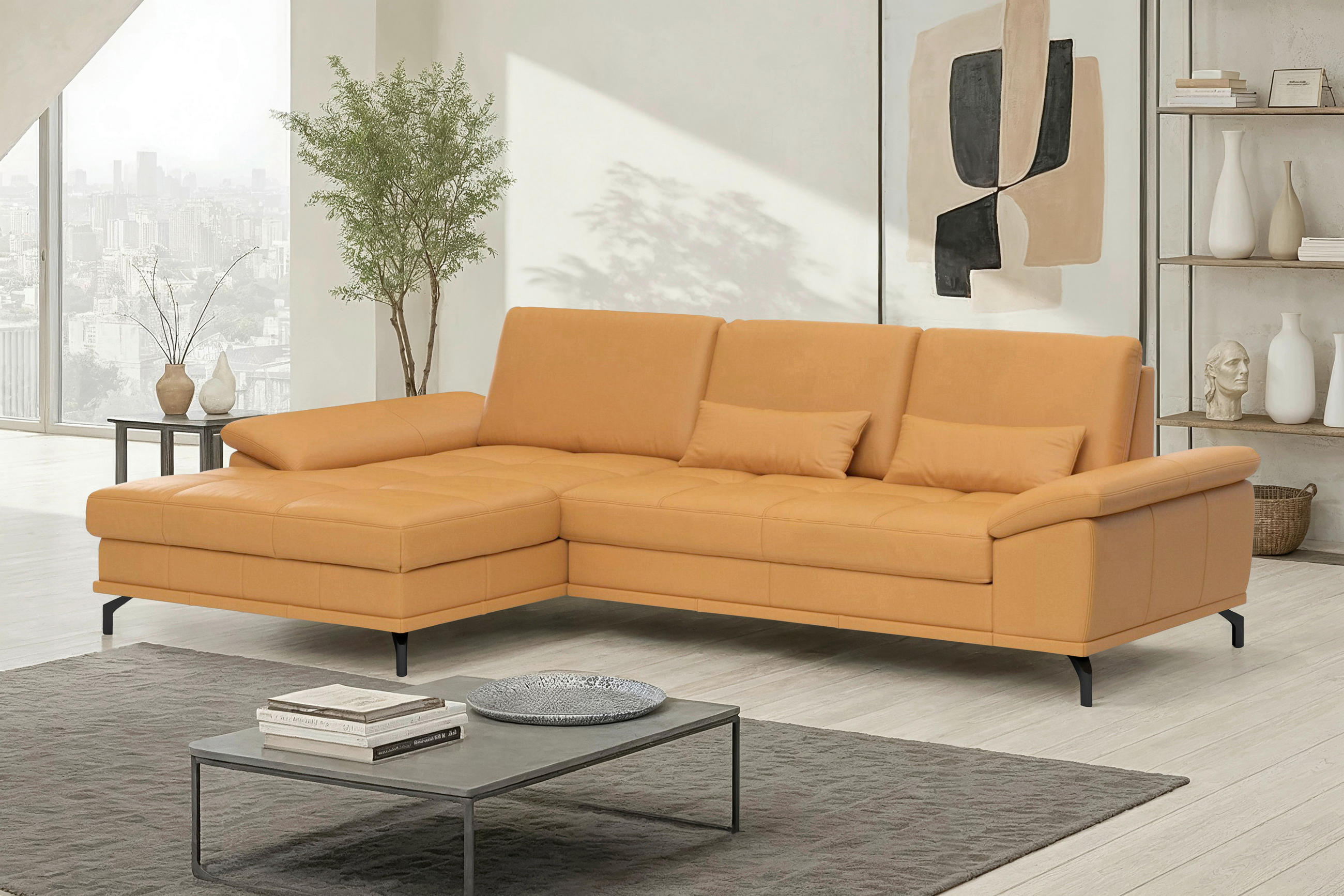 ECKSOFA COSTELLO E Currygelb Echtleder Nierenkissen, Armteilverstellung, Sitztiefenverstellung  - Currygelb/Schwarz, Basics, Leder/Textil (176/301cm) - Sit & More