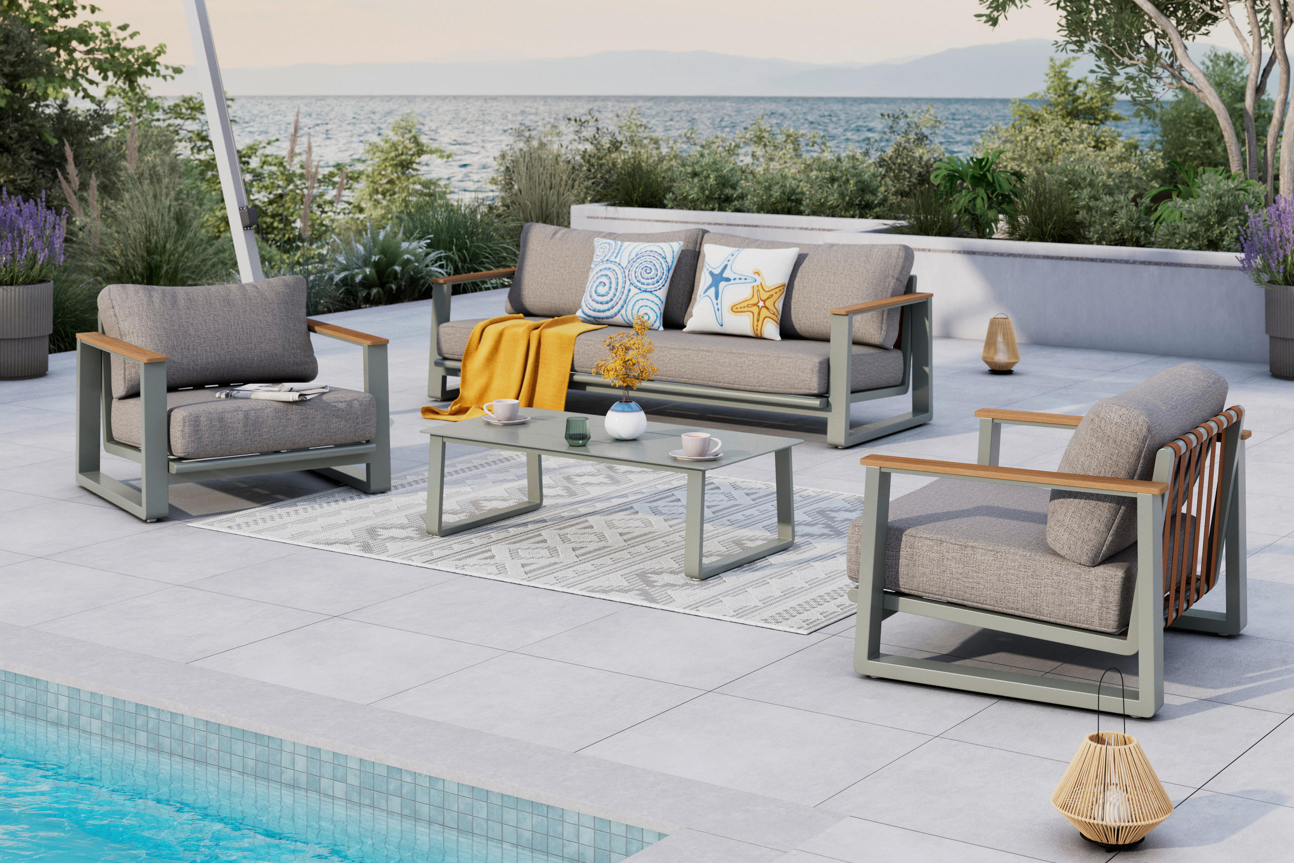 LOUNGEGARNITUR 4-teilig   209.5/65/82.5 cm Aluminium  - Beige/Braun, MODERN, Kunststoff/Textil (209.5/65/82.5cm) - Ambia Garden