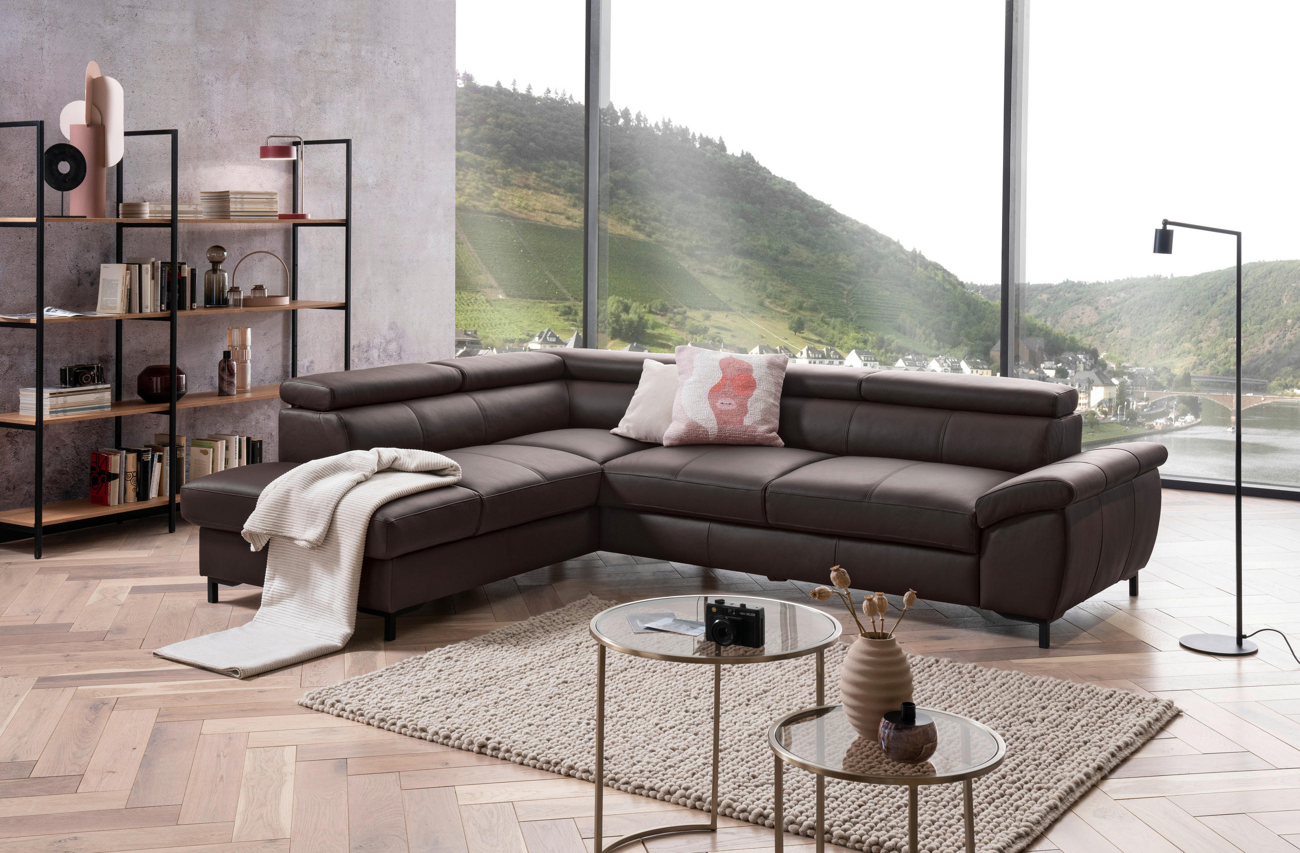 ECKSOFA Dunkelbraun Kombination Echtleder/Lederlook  - Dunkelbraun/Schwarz, Design, Leder/Metall (202/270cm)