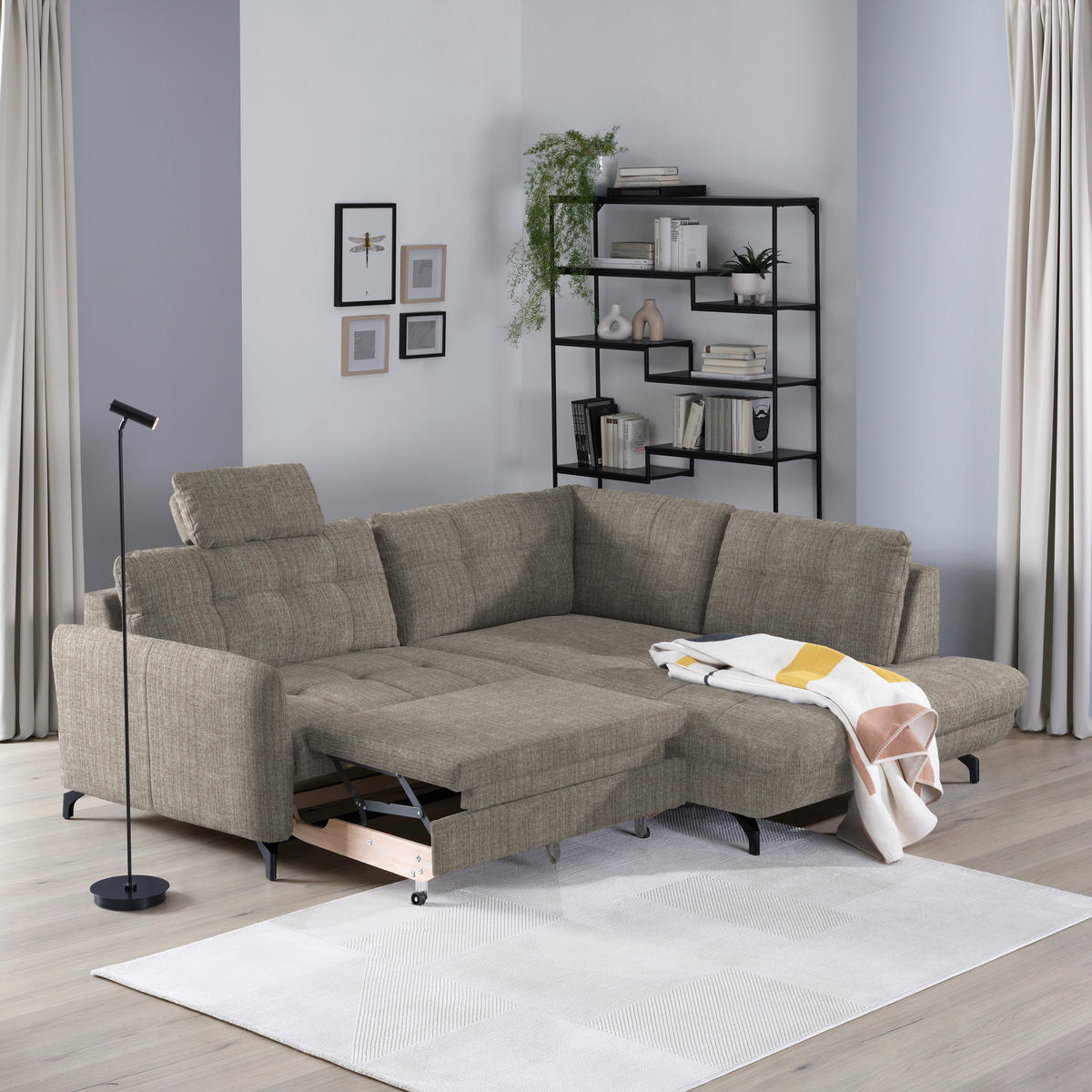 ECKSOFA in Flachgewebe, Leinenoptik Hellbraun  - Hellbraun/Schwarz, Modern, Textil/Metall (247/208cm) - Xora