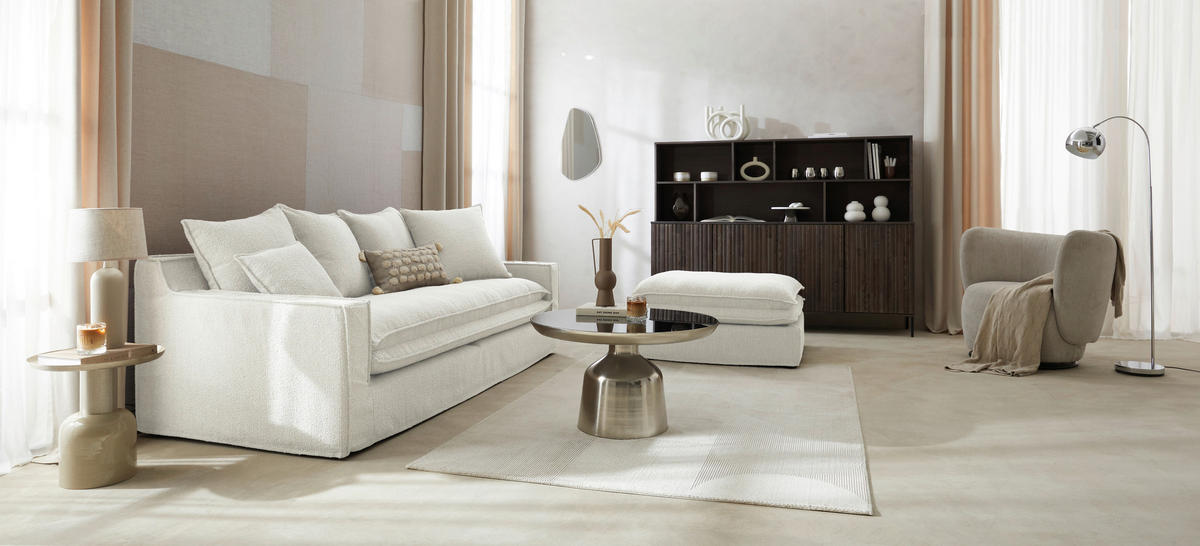 HUSSEN-3-SITZER-SOFA in Bouclé Weiss  - Weiss/Schwarz, Trend, Kunststoff/Textil (227/92/105cm) - Livetastic