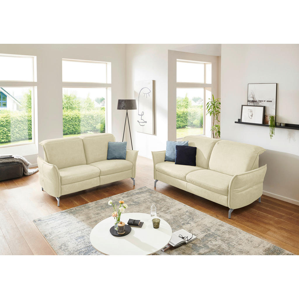 Thumbnail - Livetastic 2,5-Sitzer, Creme, Leder, Echtleder, Nappaleder, 185x89x109 cm, Made in EU, Hocker erhältlich, Armteil links,...