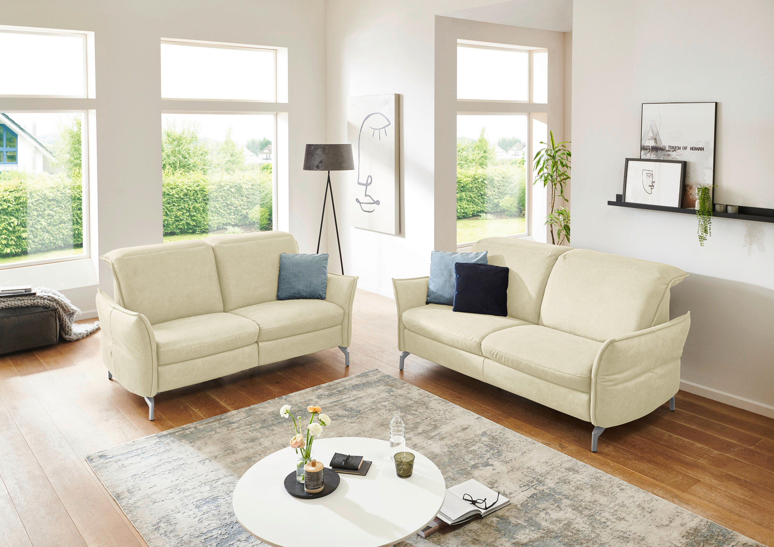 2,5-SITZER Echtleder Creme  - Creme/Nickelfarben, MODERN, Leder/Metall (185/89/109cm) - Livetastic