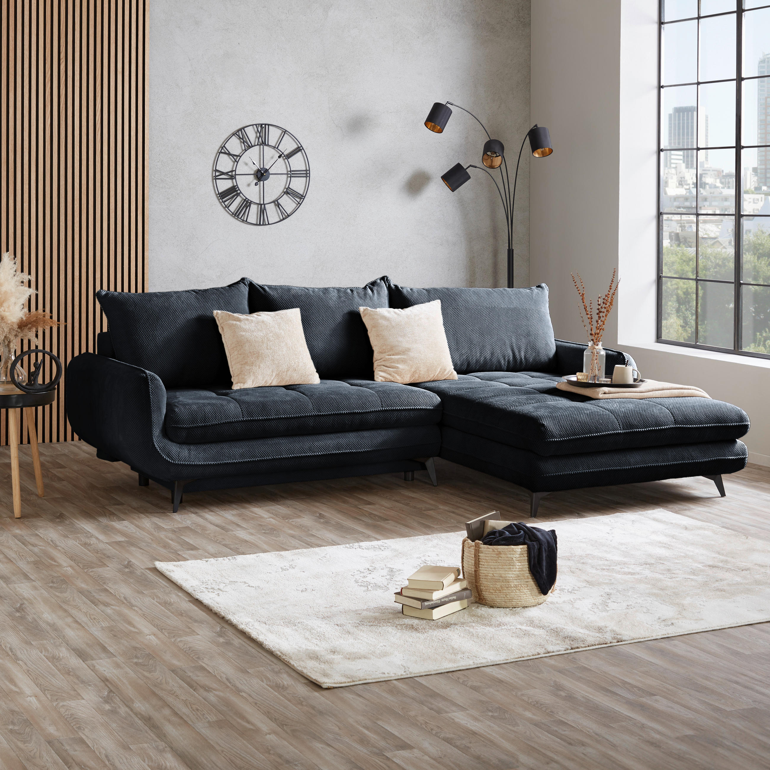 ECKSOFA WAVE Schwarz Struktur  - Beige/Schwarz, MODERN, Textil/Metall (266/189cm) - MID.YOU