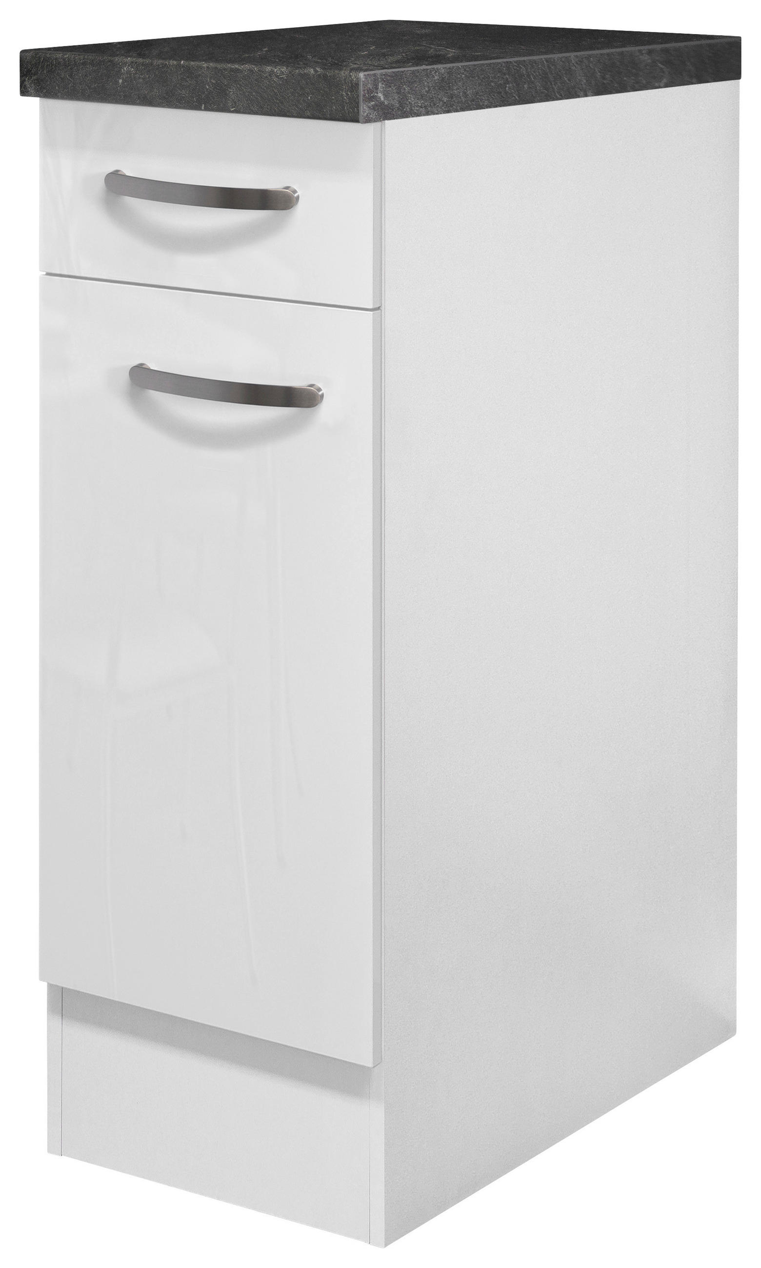 KÜCHENUNTERSCHRANK 30/86/60 cm in Weiß, Weiß Hochglanz - Schieferfarben/Edelstahlfarben, MODERN, Holzwerkstoff/Metall (30/86/60cm) - FlexWell