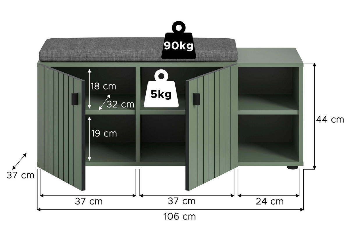 SITZBANK 106/43/37 cm Graugrün Kunststoff  - Schwarz/Graugrün, Design, Kunststoff/Textil (106/43/37cm) - MID.YOU
